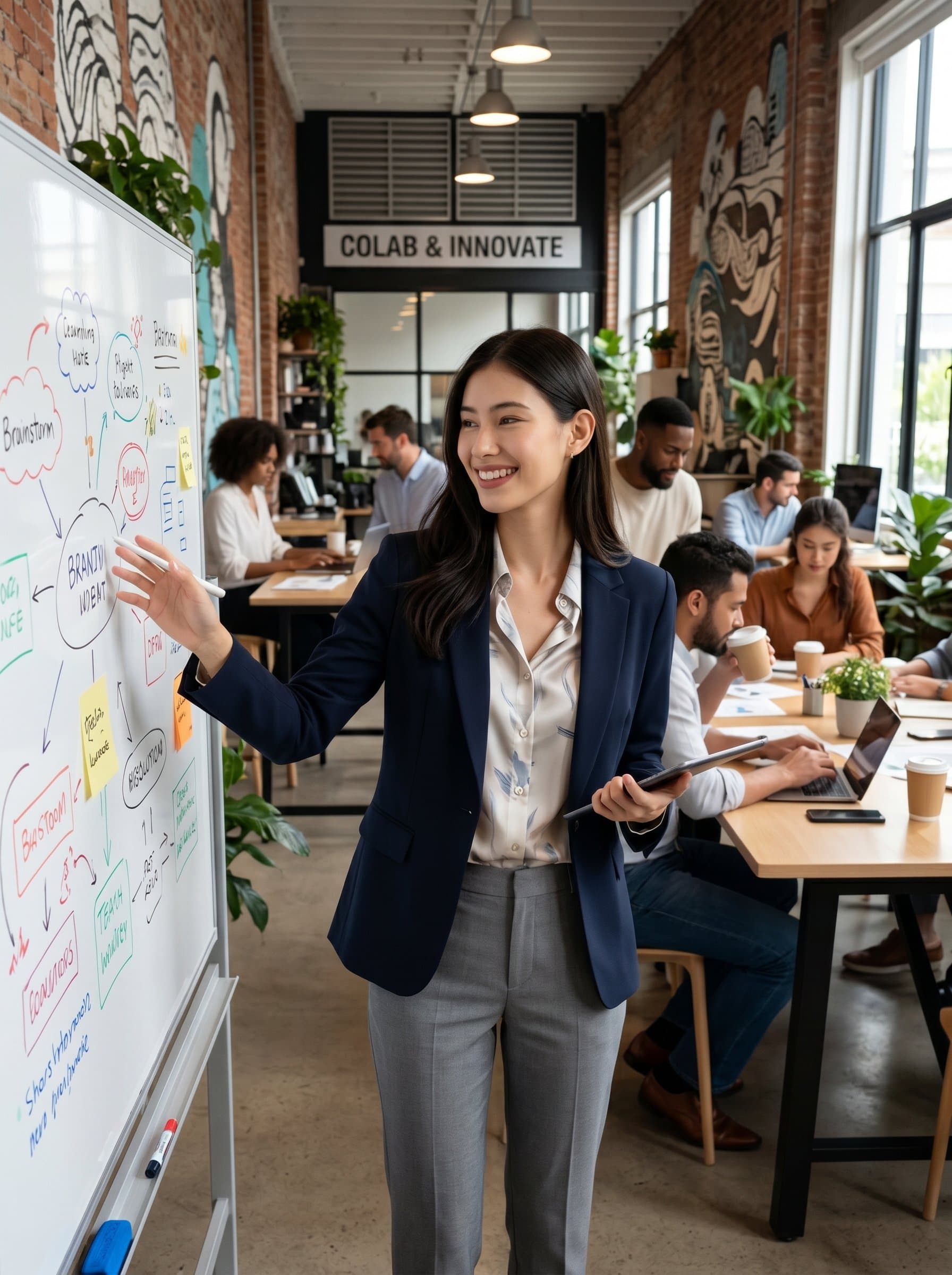 captured in a vibrant co-working space, sporting business-casual attire and a spontaneous smile. Their approachable demeanor and energetic setting reflect a coach dedicated to innovation and collaboration.