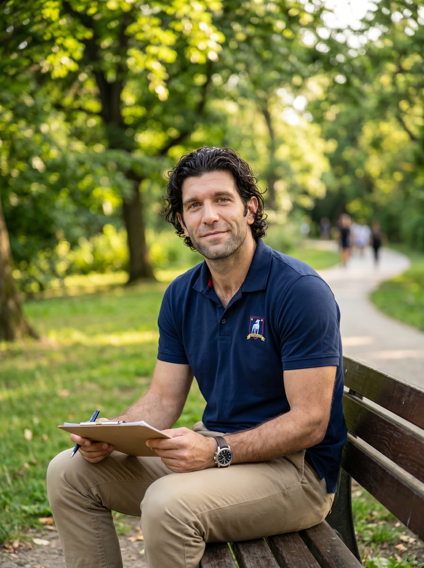 In a serene park setting, sits on a bench in casual attire, with a soft-focus background of lush greenery. A gentle smile and natural demeanor convey a friendly, down-to-earth coach ready to guide.