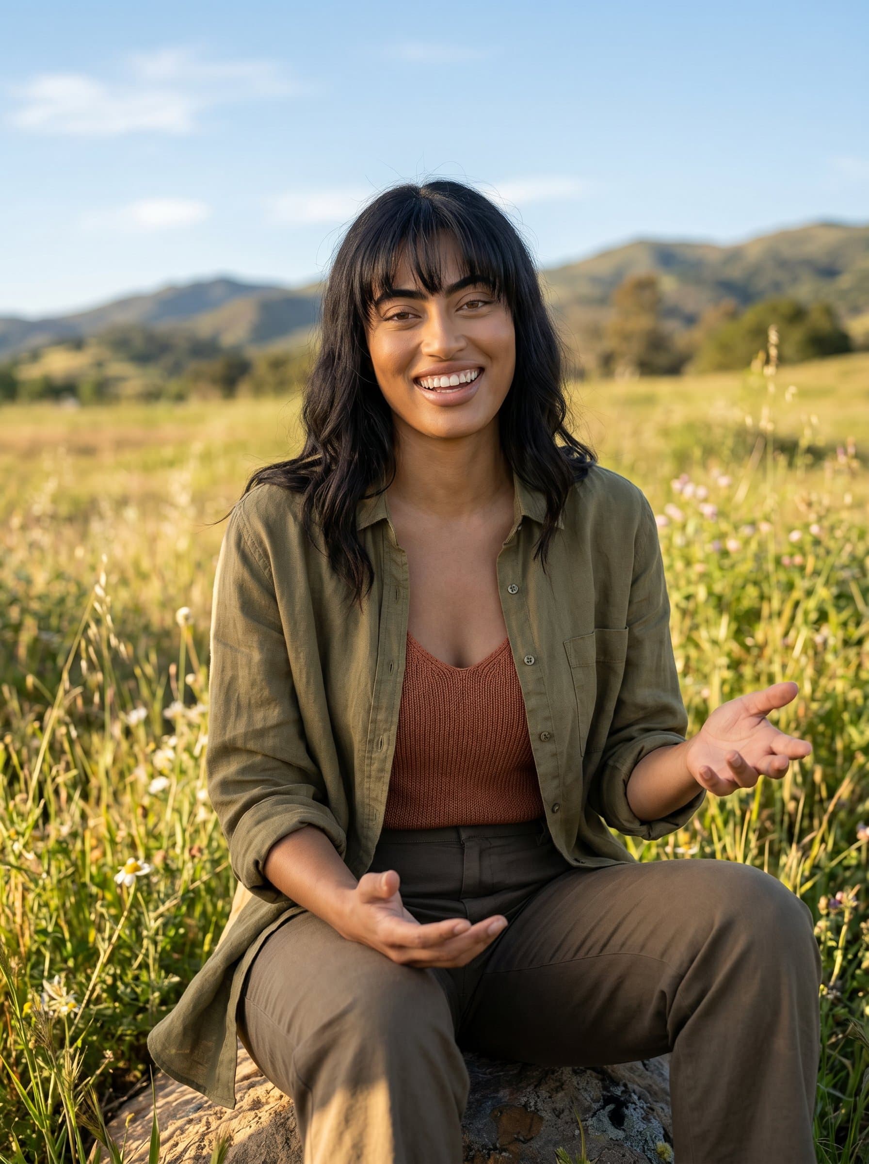 in a sunlit open field, dressed in comfortable, earth-toned clothing. Their serene expression and natural setting suggest a coach who prioritizes well-being and positivity in their guidance.