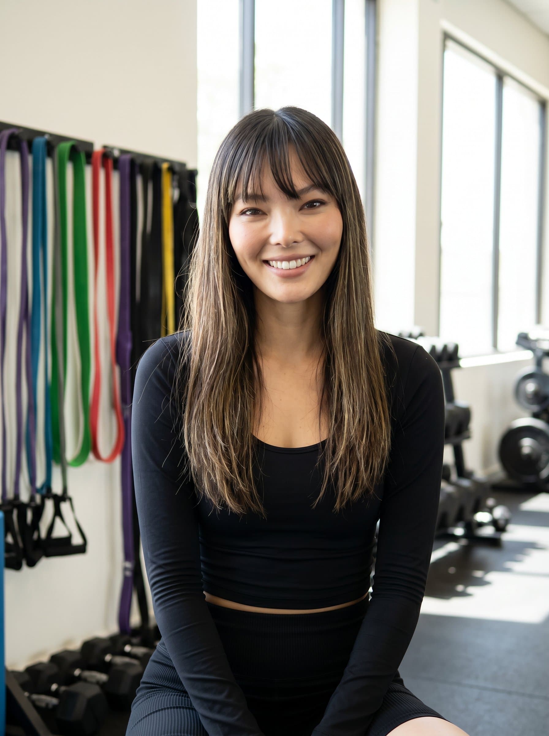Captivating headshot of personal trainer, modern workout attire, gym setting with resistance bands in the background, displaying a confident smile, natural light creating an inviting and professional atmosphere.