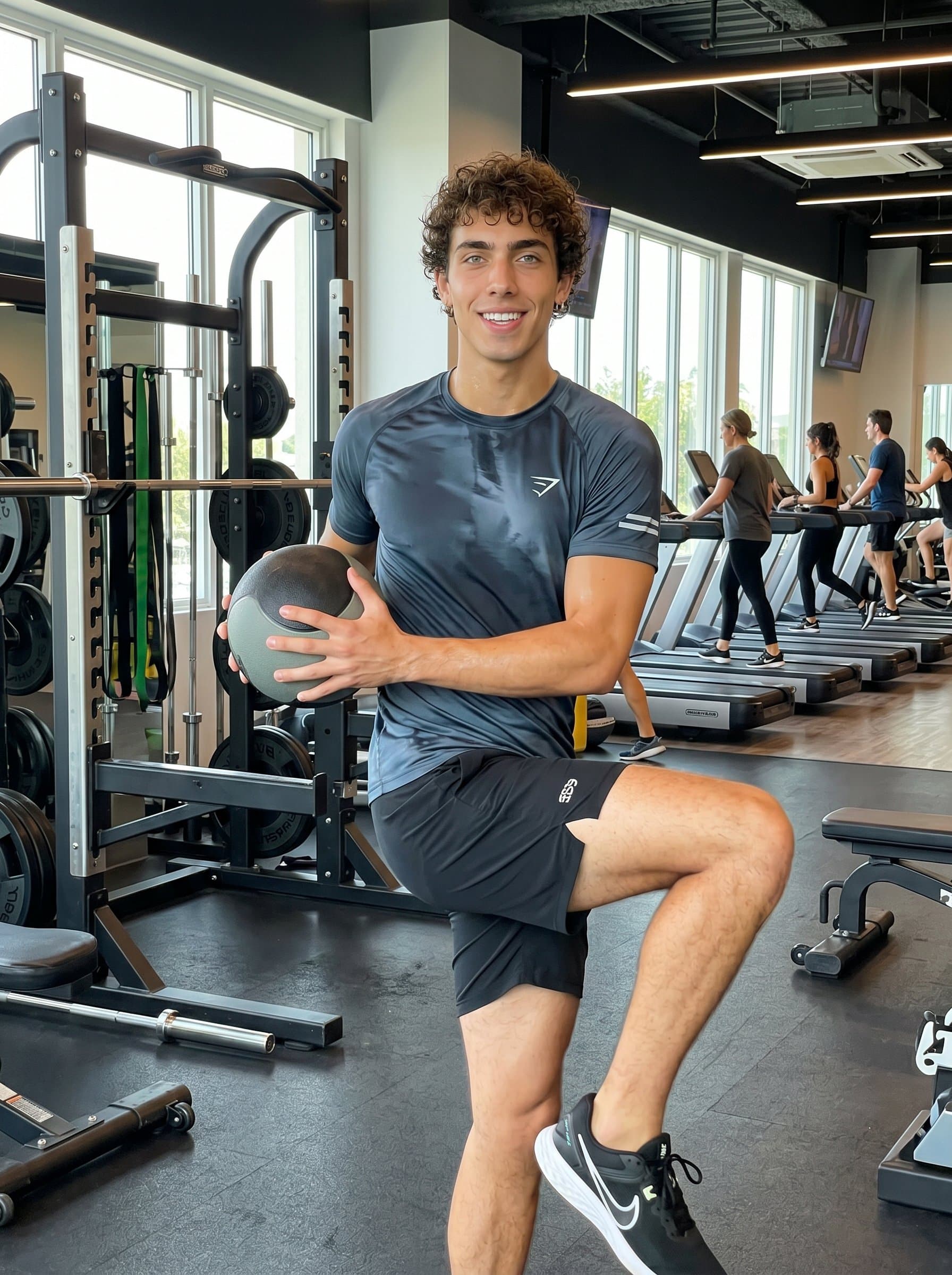 In a vibrant gym setting, fitness expert in sleek workout gear, demonstrating perfect form with a medicine ball, surrounded by modern equipment, smiling confidently under natural lighting, conveying enthusiasm and expertise.