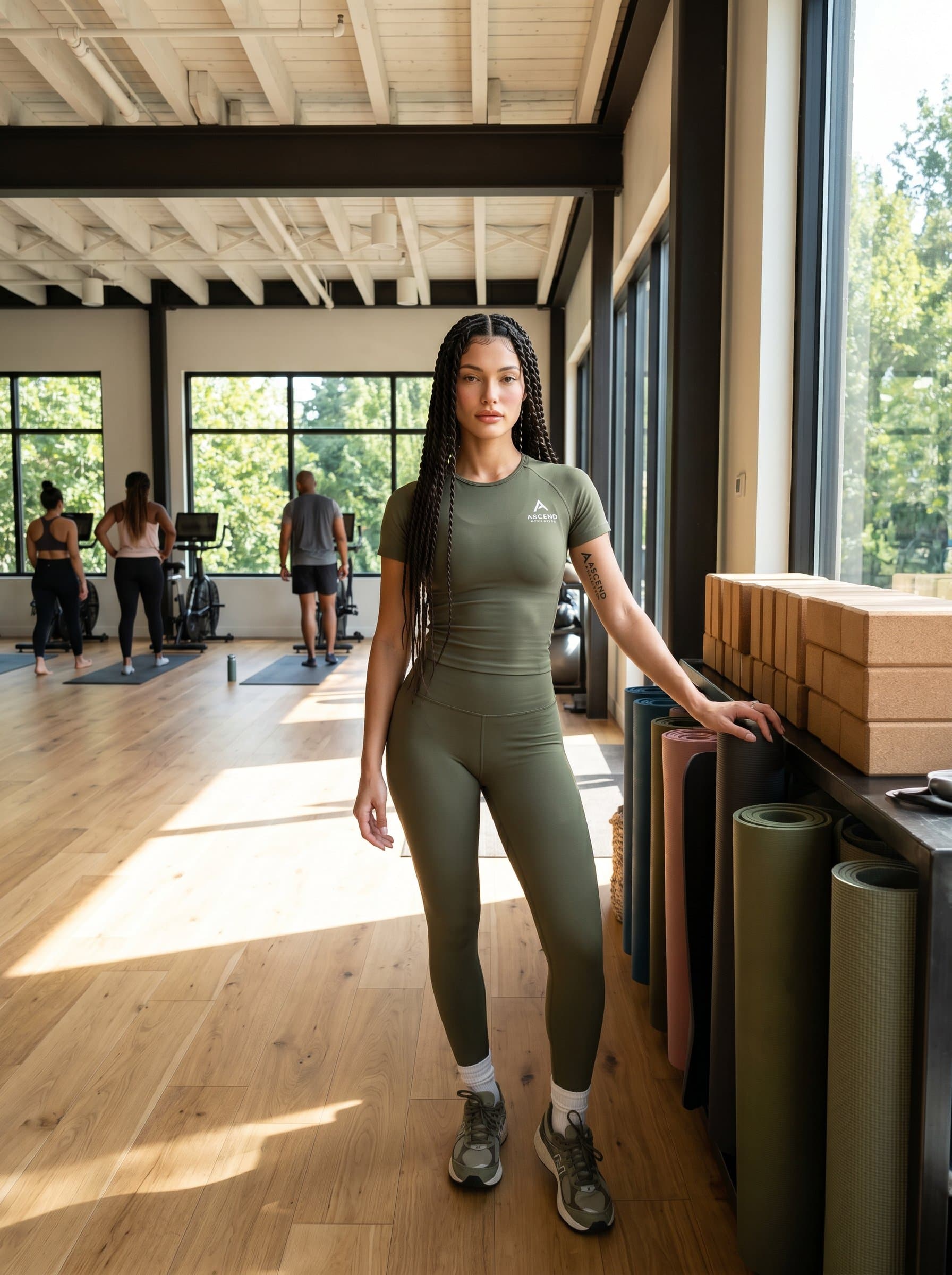 fitness mentor in an airy gym space, wearing cutting-edge sports attire, confidently standing beside yoga mats, natural sunlight enhancing a motivating and professional presentation.