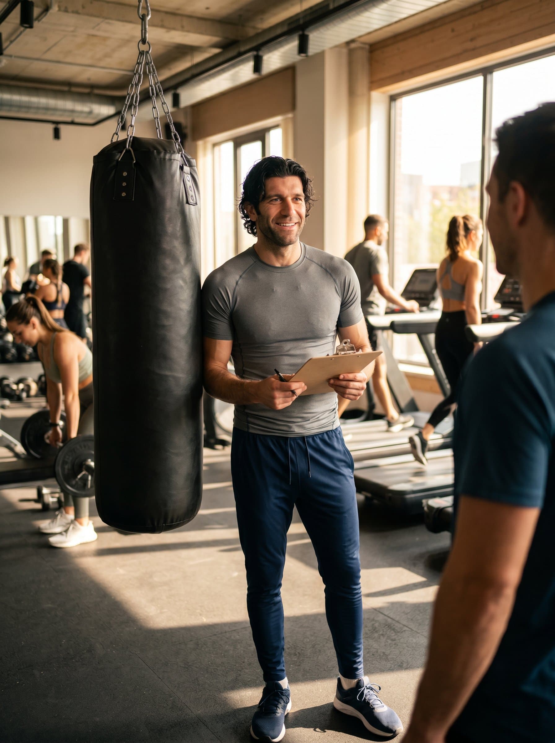In a bustling fitness center, personal trainer wearing sleek athletic clothing, posed near a punching bag, confident and approachable expression, natural light casting a welcoming and energetic ambiance.