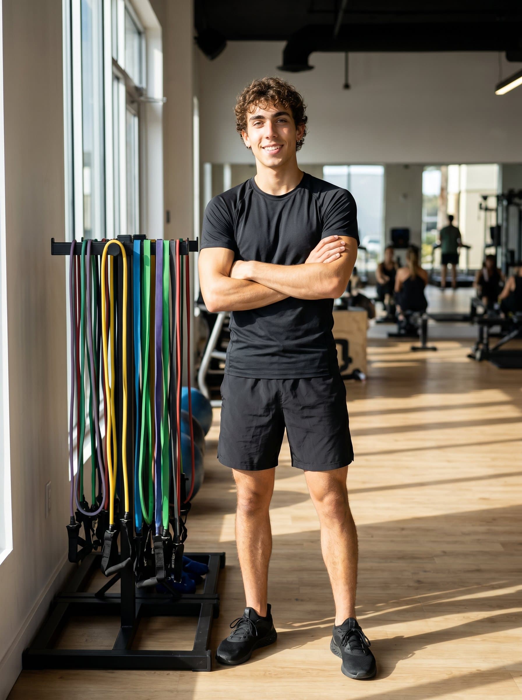 In a modern fitness studio, trainer dressed in stylish gym clothes, confidently posed near a set of resistance bands, natural light creating a vibrant and approachable professional image.