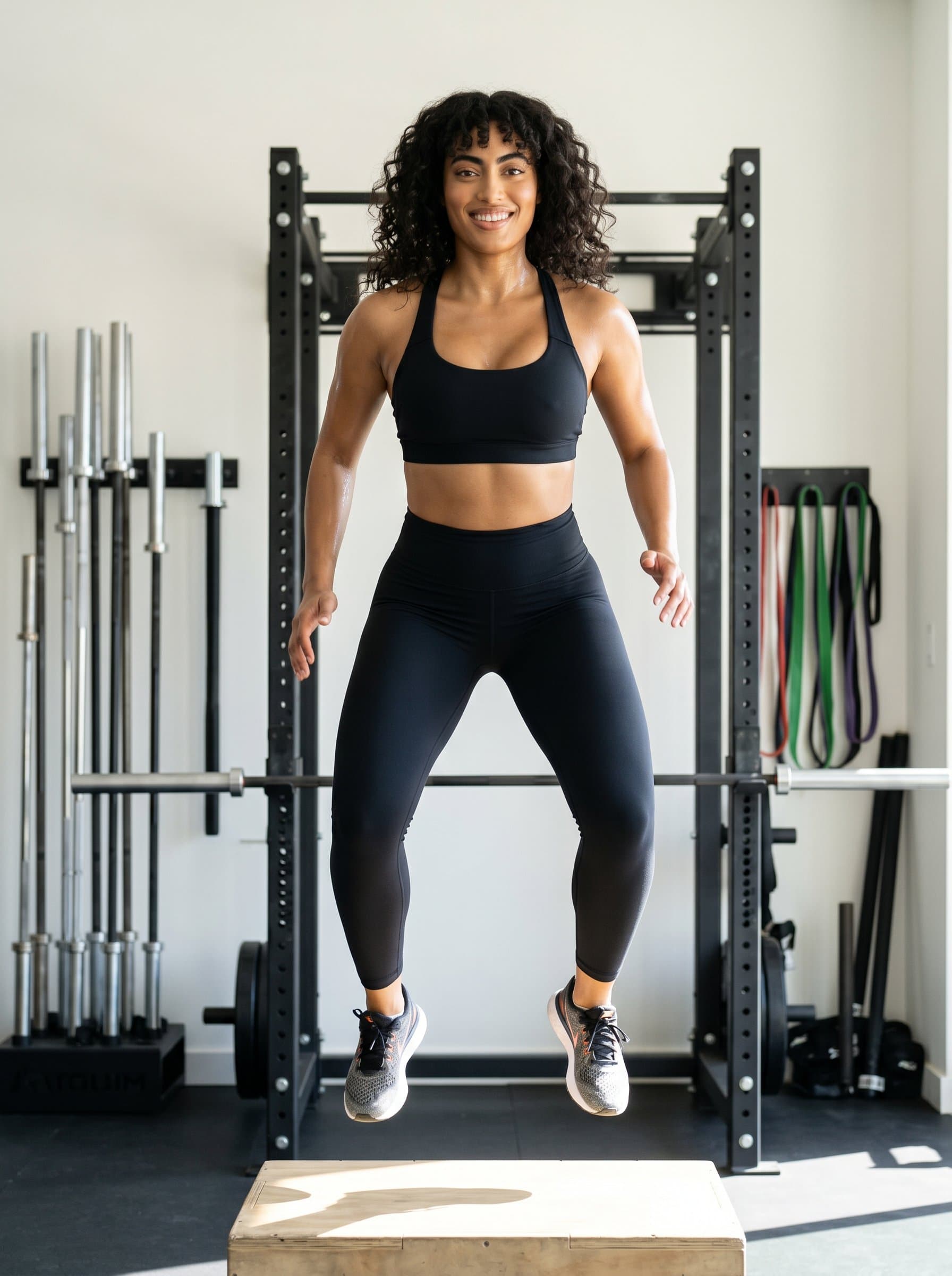 Photorealistic image of personal trainer in a dynamic pose, athletic wear emphasizing fitness, gym backdrop with barbells, confident expression, natural light enhancing a professional yet approachable presence.