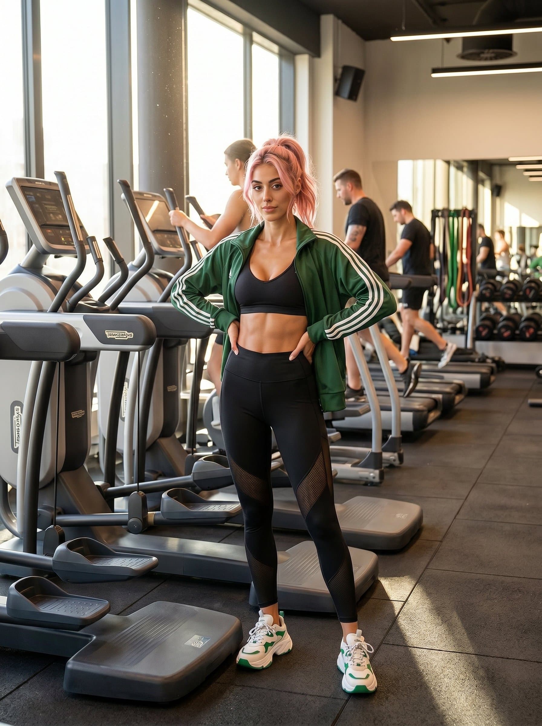 Photorealistic capture of gym coach, donning the latest athletic fashion, confidently standing near ellipticals, natural lighting accentuating an energetic and professional vibe in a gym setting.