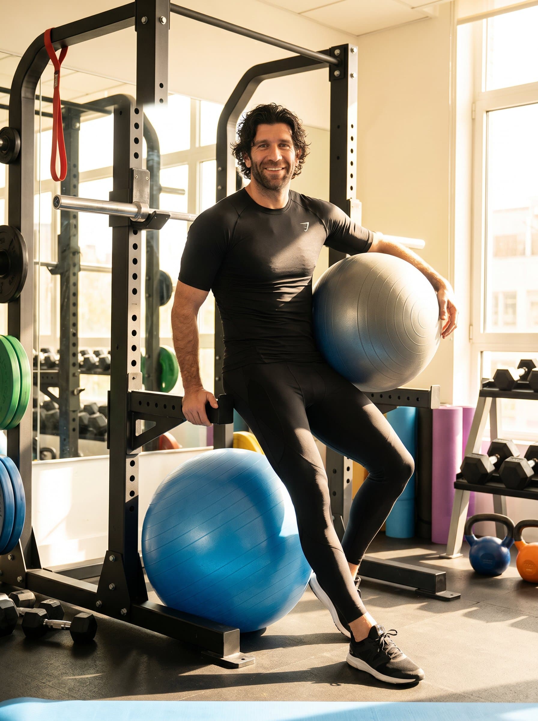 In a sun-drenched gym, fitness instructor in modern sports apparel, confidently posed with gym balls, natural light creating an energetic and professional atmosphere, surrounded by fitness equipment.