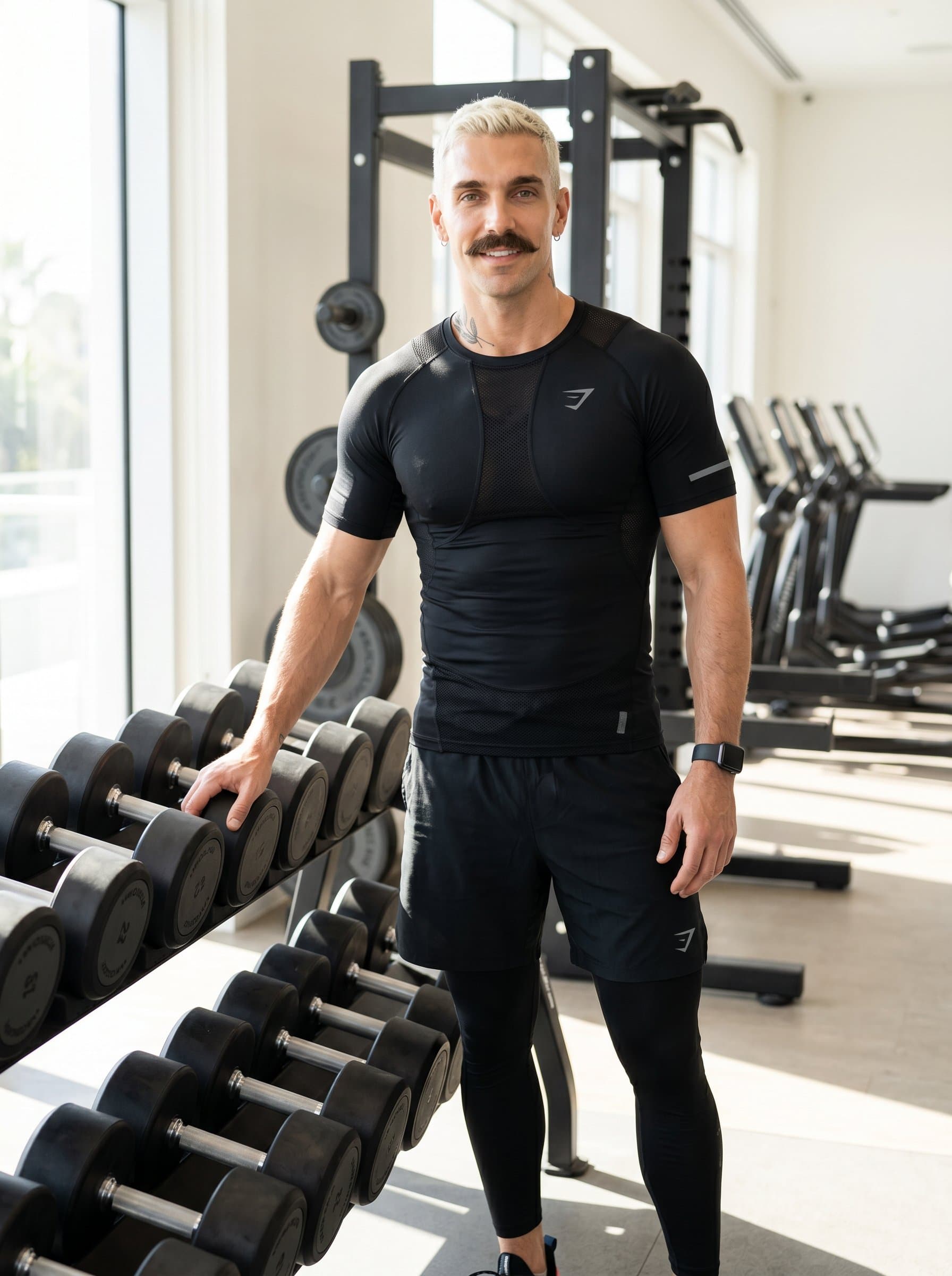 Realistic portrait of personal trainer, dressed in cutting-edge gym attire, confidently standing by a rack of dumbbells, natural light emphasizing a vibrant and energetic mood, gym equipment subtly visible.