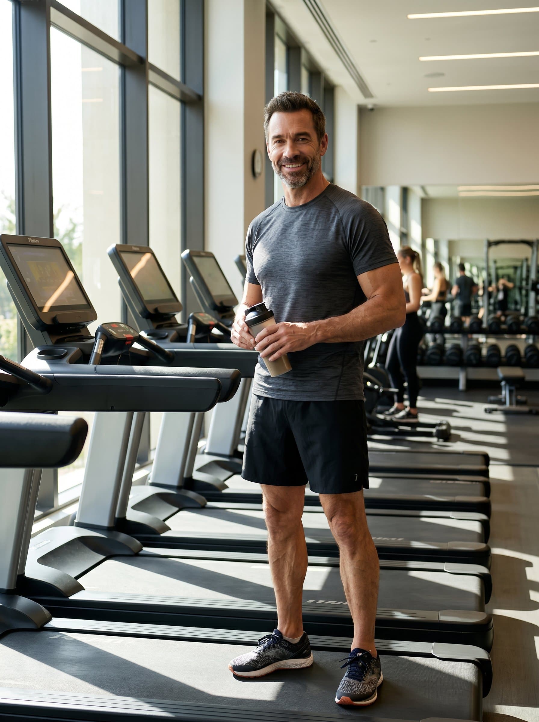 man in a contemporary gym environment, wearing stylish fitness apparel, confidently standing near treadmills, natural lighting highlighting their energetic demeanor, capturing a blend of strength and approachability.