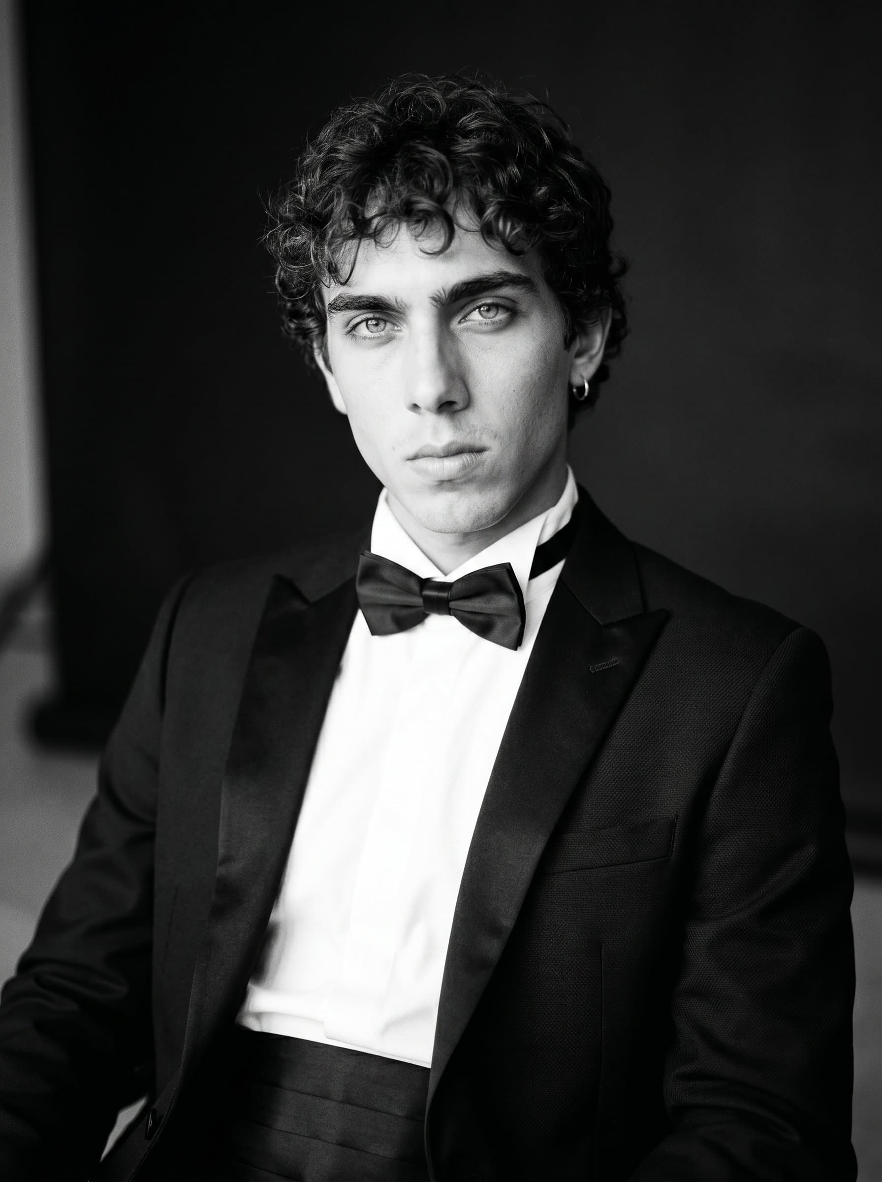 captured in a classic black-and-white style, emphasizing timeless elegance. The man's attire is formal yet understated, with a focus on their expressive eyes and dignified posture against a minimalist backdrop.