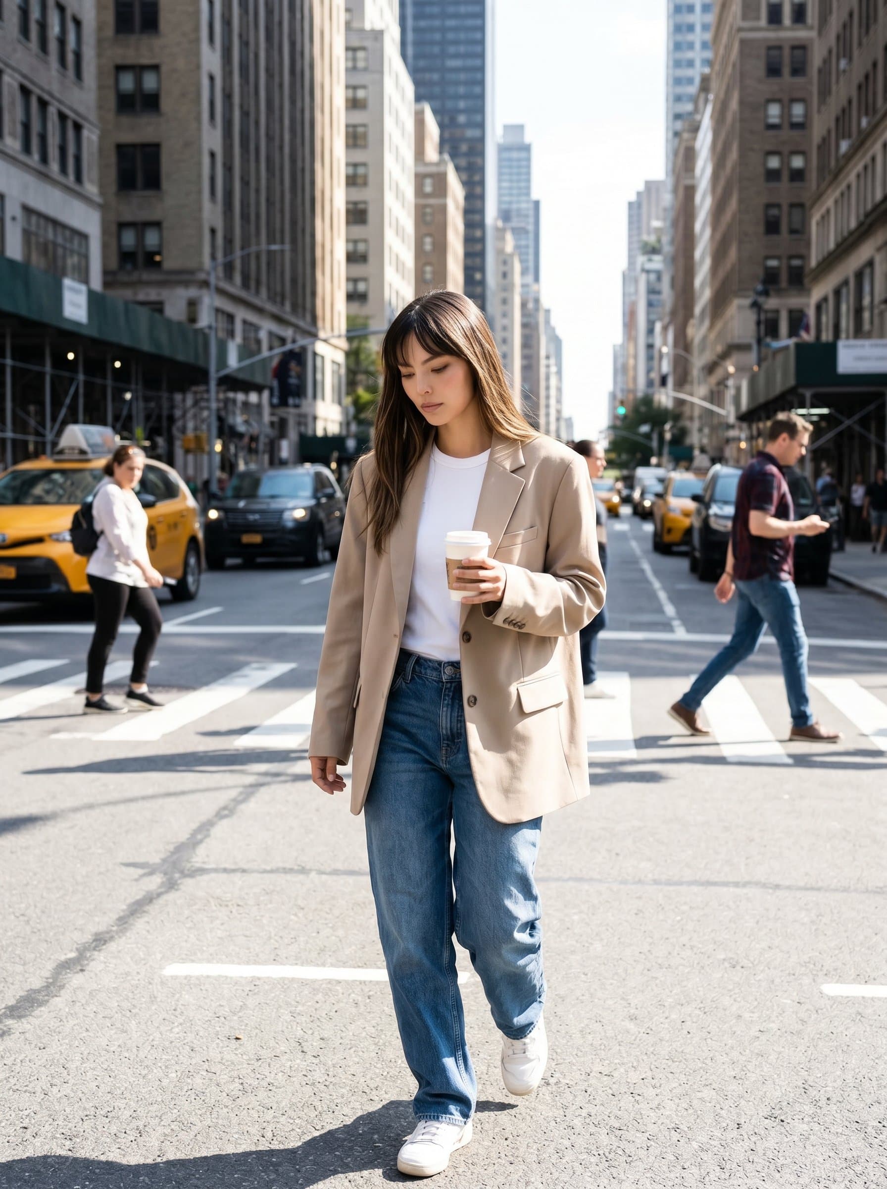 in a sunlit urban landscape, capturing a candid moment amidst bustling city energy. The woman is dressed in smart casual attire, with a thoughtful expression, embodying a blend of modernity and introspection.
