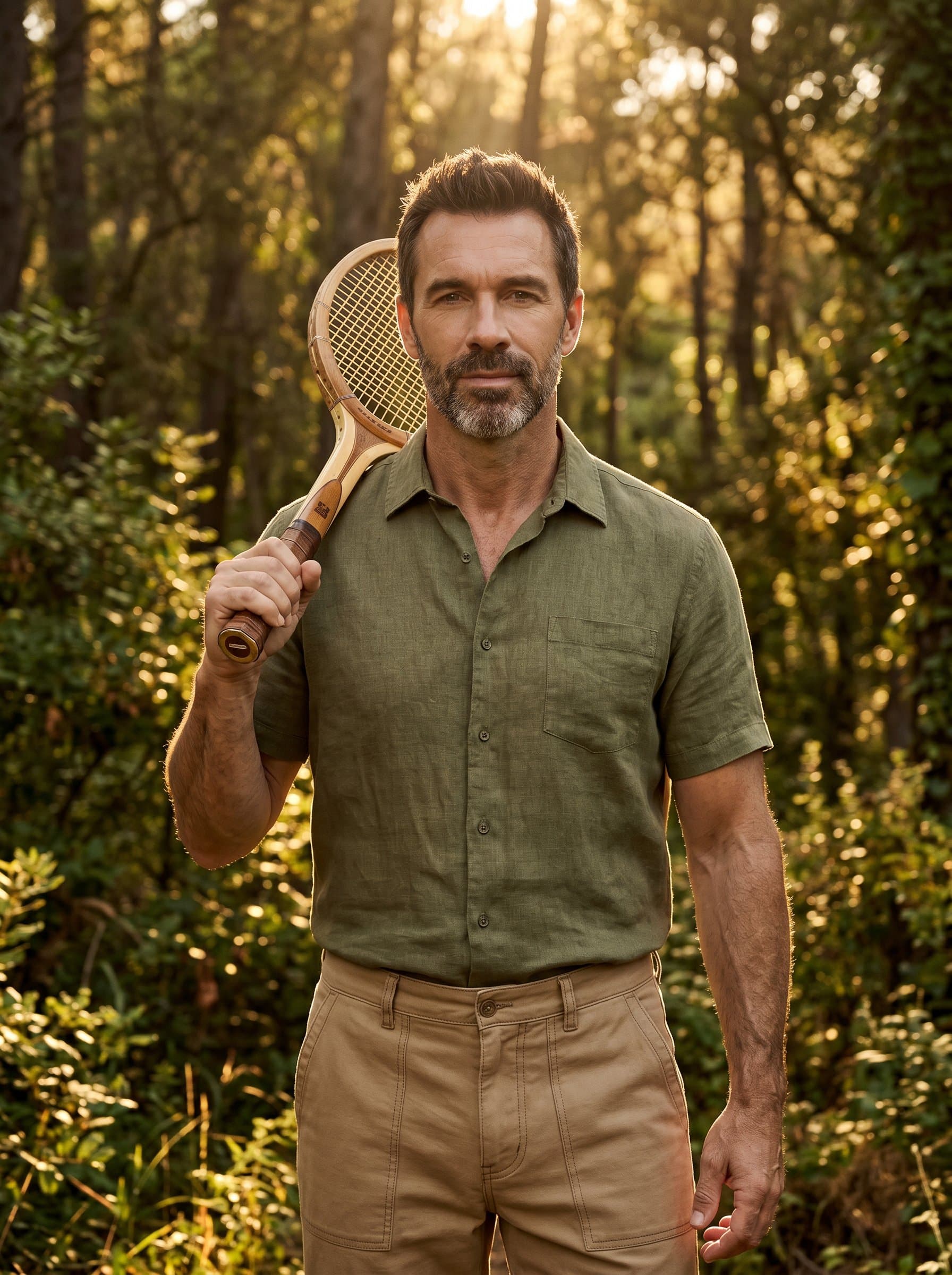 set against a lush forest background during golden hour. The soft sunlight filters through the trees, highlighting the serene expression and natural elegance of the man, who is dressed in earth-toned textiles.