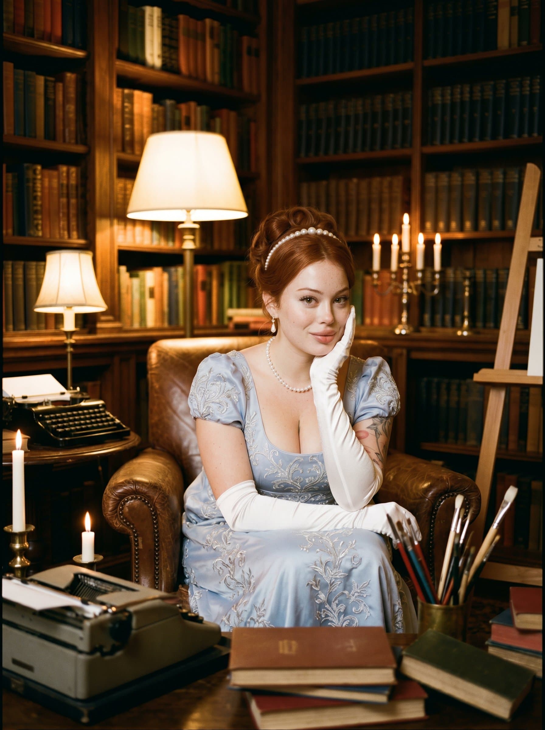 in a cozy indoor setting, bathed in warm, ambient light. The woman is relaxed, with a gentle smile, surrounded by books and creative artifacts that suggest a passion for knowledge and artistic pursuits.