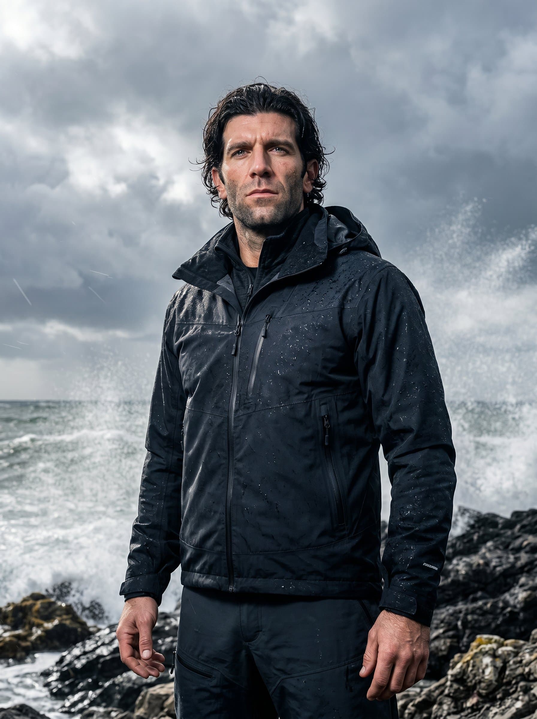 against a dramatic, stormy sky, conveying intensity and resilience. The man is dressed in weather-ready attire, with determination etched on their face, creating a powerful image of strength against adversity.