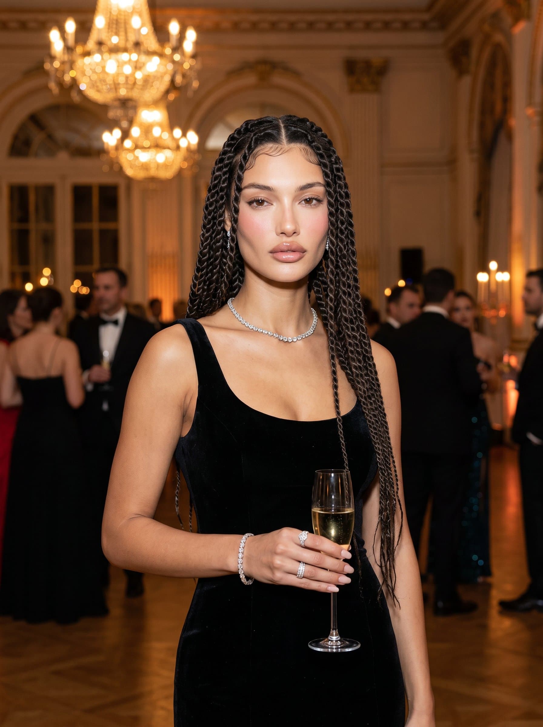 in an elegant evening setting, adorned in formal wear. The woman stands amidst softly glowing lights, with a poised and confident demeanor, exuding sophistication and grace against the backdrop of a grand ballroom.