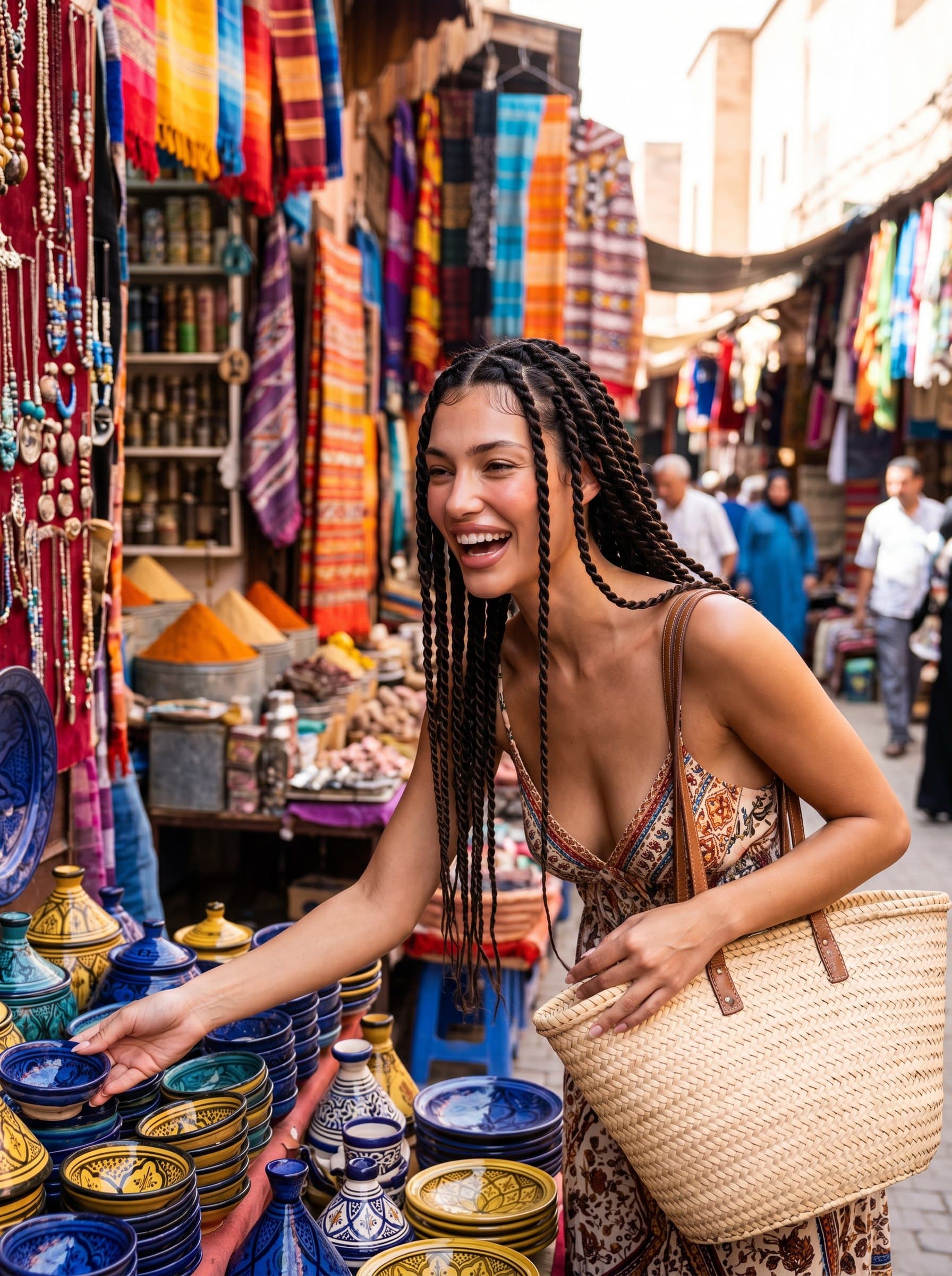 in a vibrant marketplace, saturated with color and texture. The woman is engaged with their surroundings, exuding curiosity and an adventurous spirit, captured in a spontaneous, lively moment.