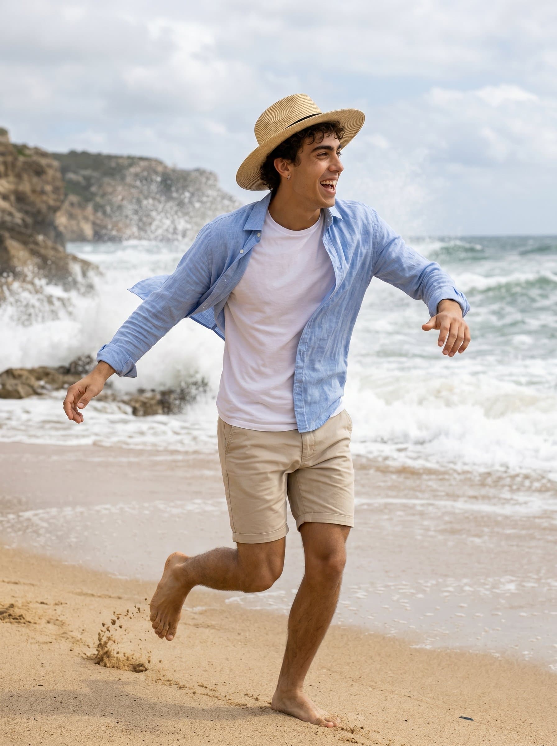 on a windswept beach, with waves crashing in the background. The man is in casual summer wear, exuding a carefree spirit and a connection to the natural elements, captured in a dynamic moment.