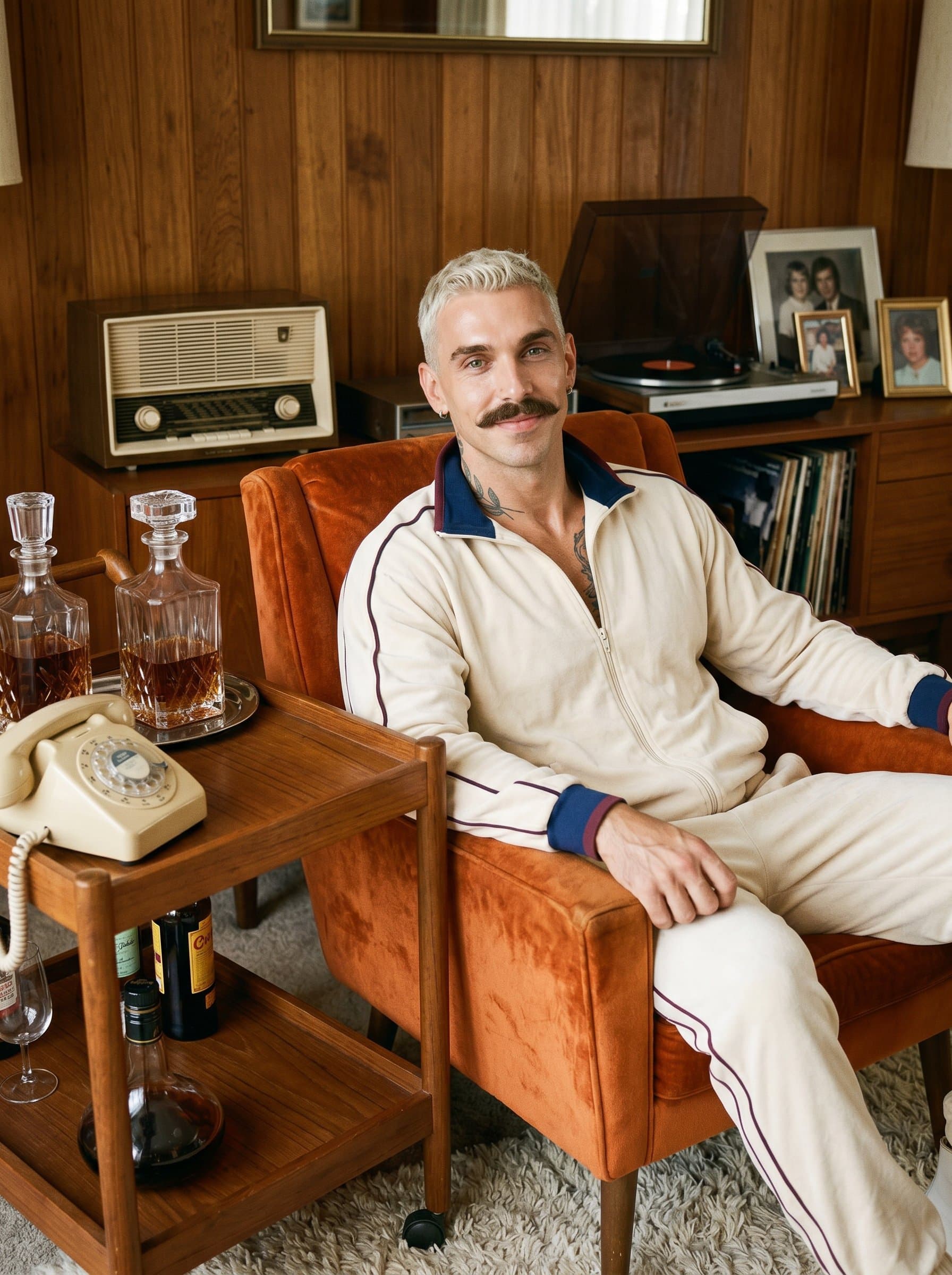 in a vintage-inspired setting. The man is styled in retro fashion, evoking nostalgia with a gentle smile, surrounded by period-specific furniture and decor that tells a story of bygone elegance.