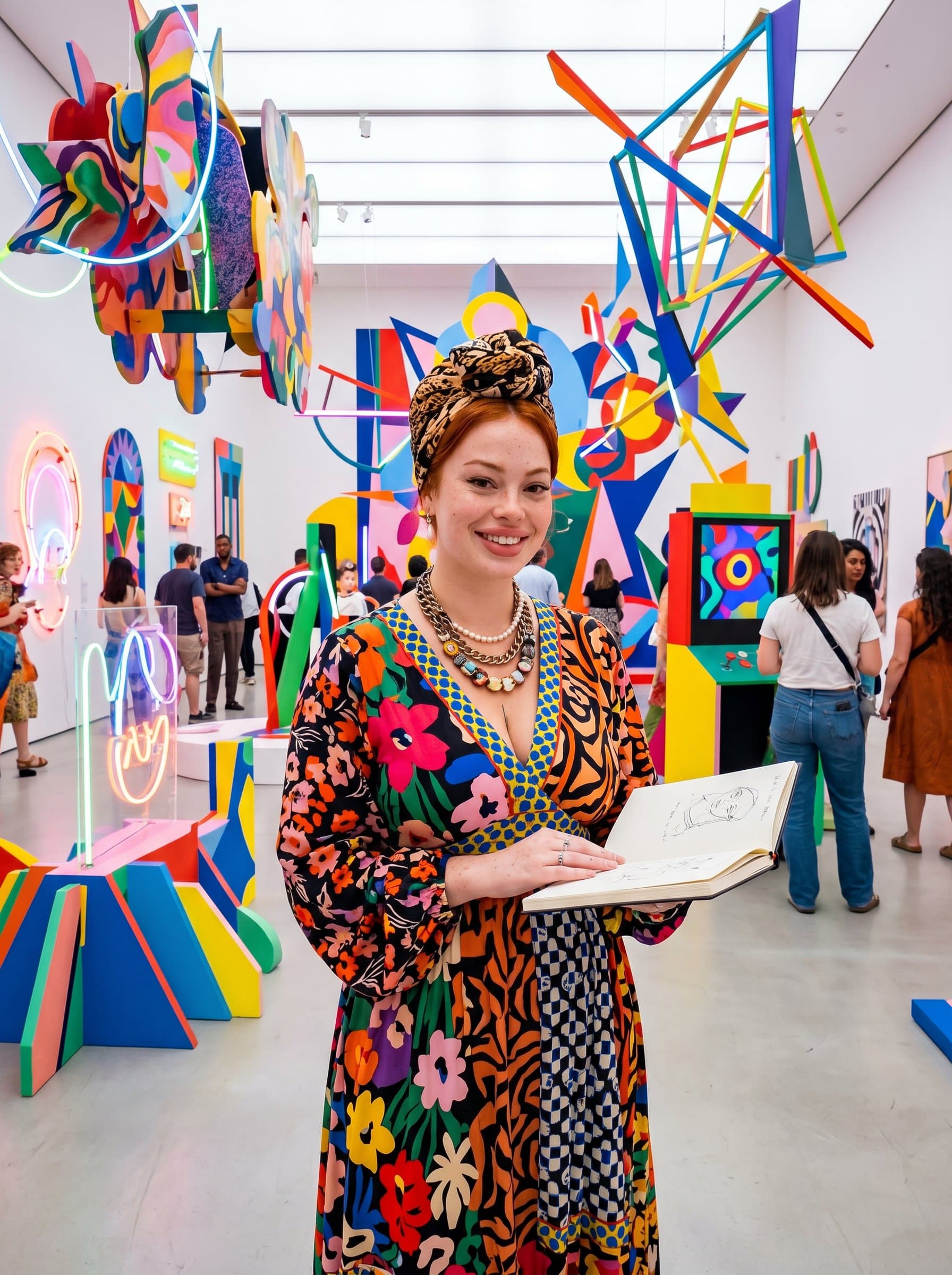 depicted in a vibrant, colorful environment. The woman is surrounded by abstract art installations, wearing bold patterns that resonate with their confident and creative personality, inviting viewers to explore their uniqueness.