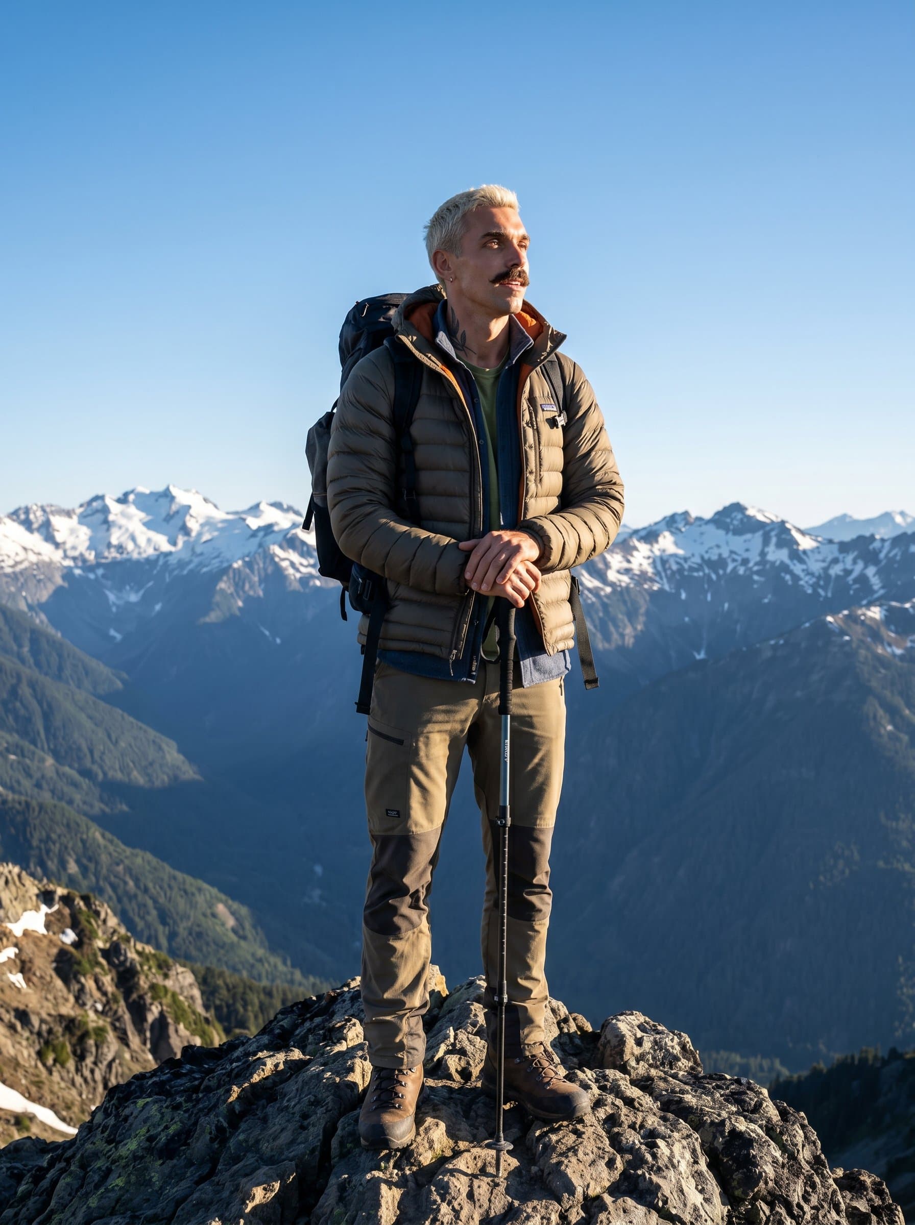 on a scenic mountaintop, with expansive views. The man is dressed for hiking, gazing into the distance with a sense of wonder, embodying the spirit of exploration and the majesty of nature.
