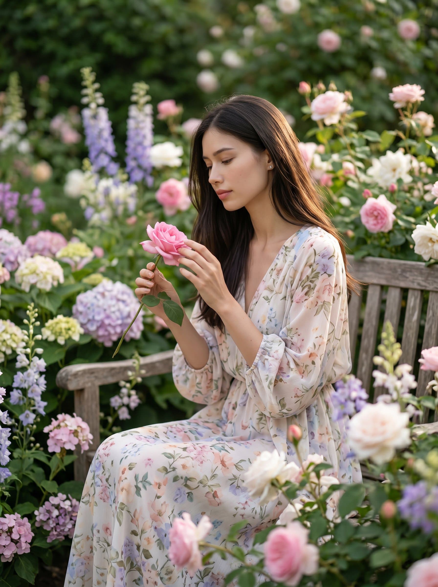 in a tranquil garden filled with blossoms. The woman wears soft floral prints, harmonizing with the background. Their expression is peaceful, as if in quiet conversation with nature, creating a serene ambiance.