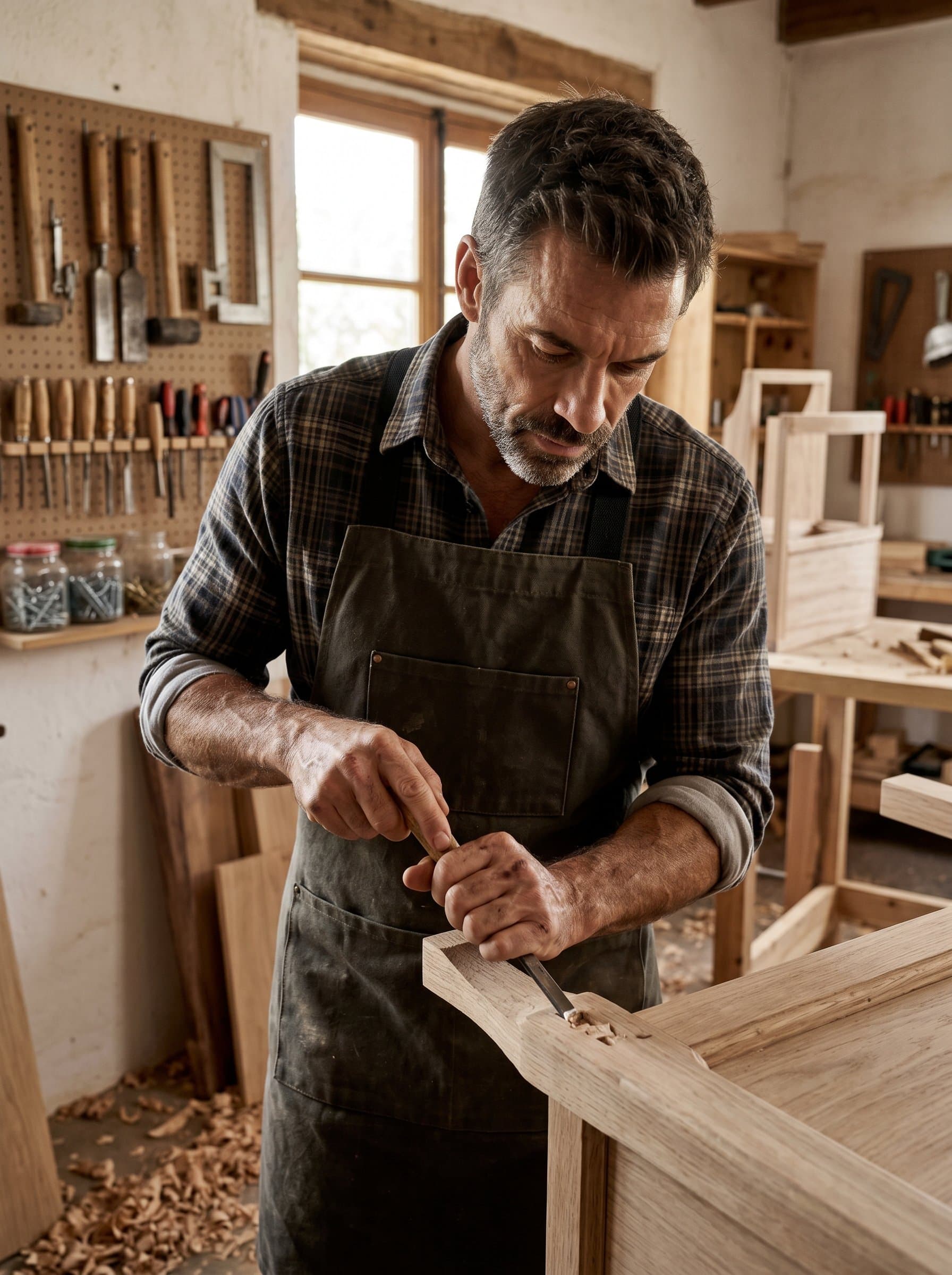 in a rustic, artisanal workshop. The man is surrounded by tools and materials, deep in concentration, with hands at work, embodying creativity and craftsmanship, capturing the essence of dedication to their craft.