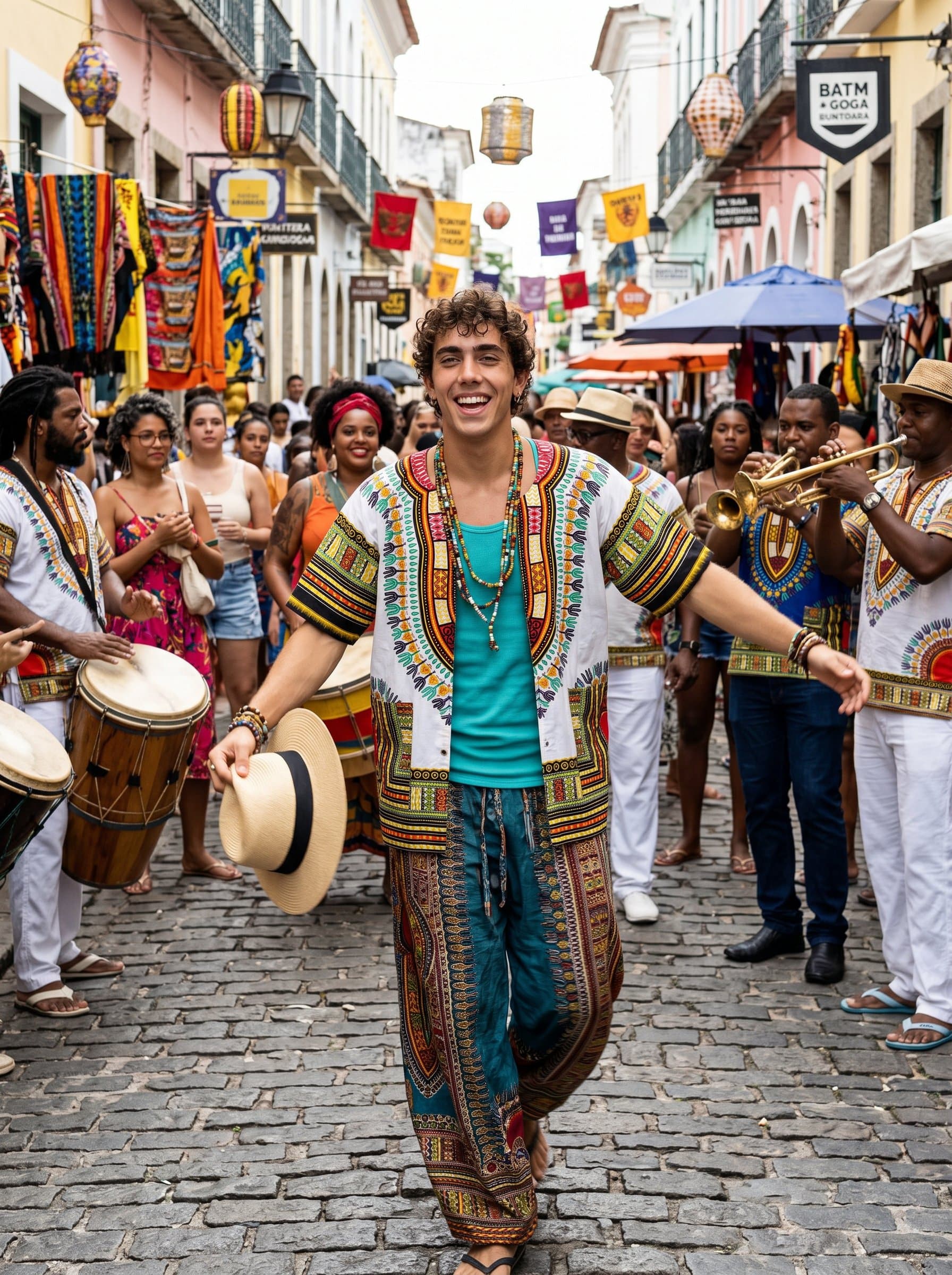 on a vibrant cultural street, full of music and movement. The man is joyfully dancing, captured in a moment of celebration, with brightly colored attire blending with the lively energy of the scene.
