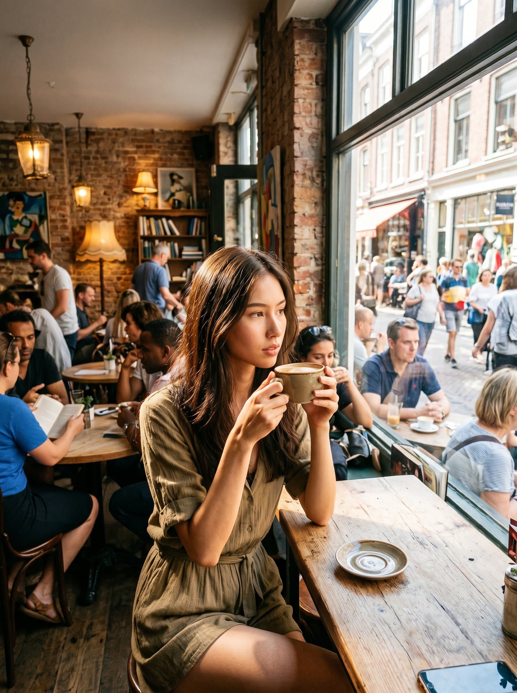 in a bustling café, full of character and charm. The woman sits by a window, sipping a coffee, with light streaming in, highlighting their thoughtful demeanor and the lively surroundings.