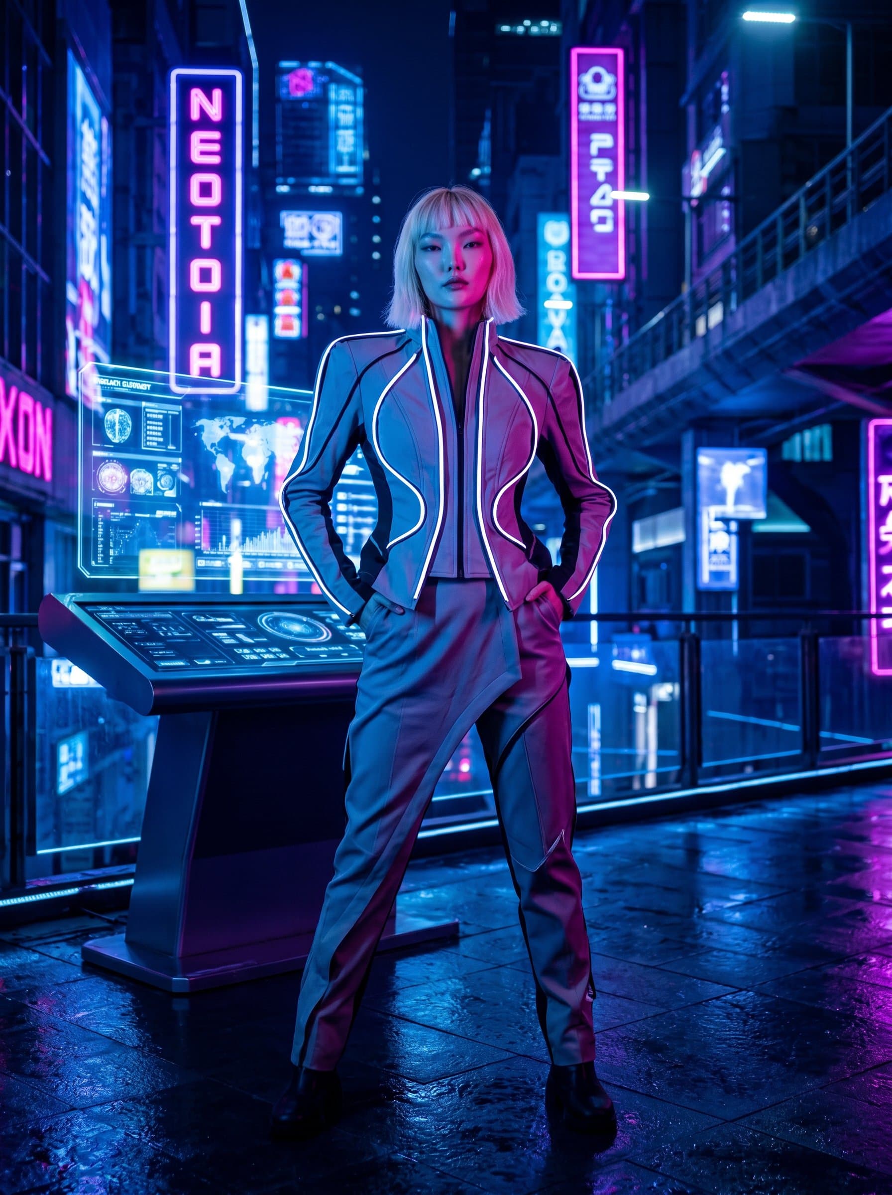 showcasing a futuristic theme with neon lighting. The woman stands confidently in a high-tech environment, sporting sleek, avant-garde fashion that hints at innovation and forward-thinking energy.
