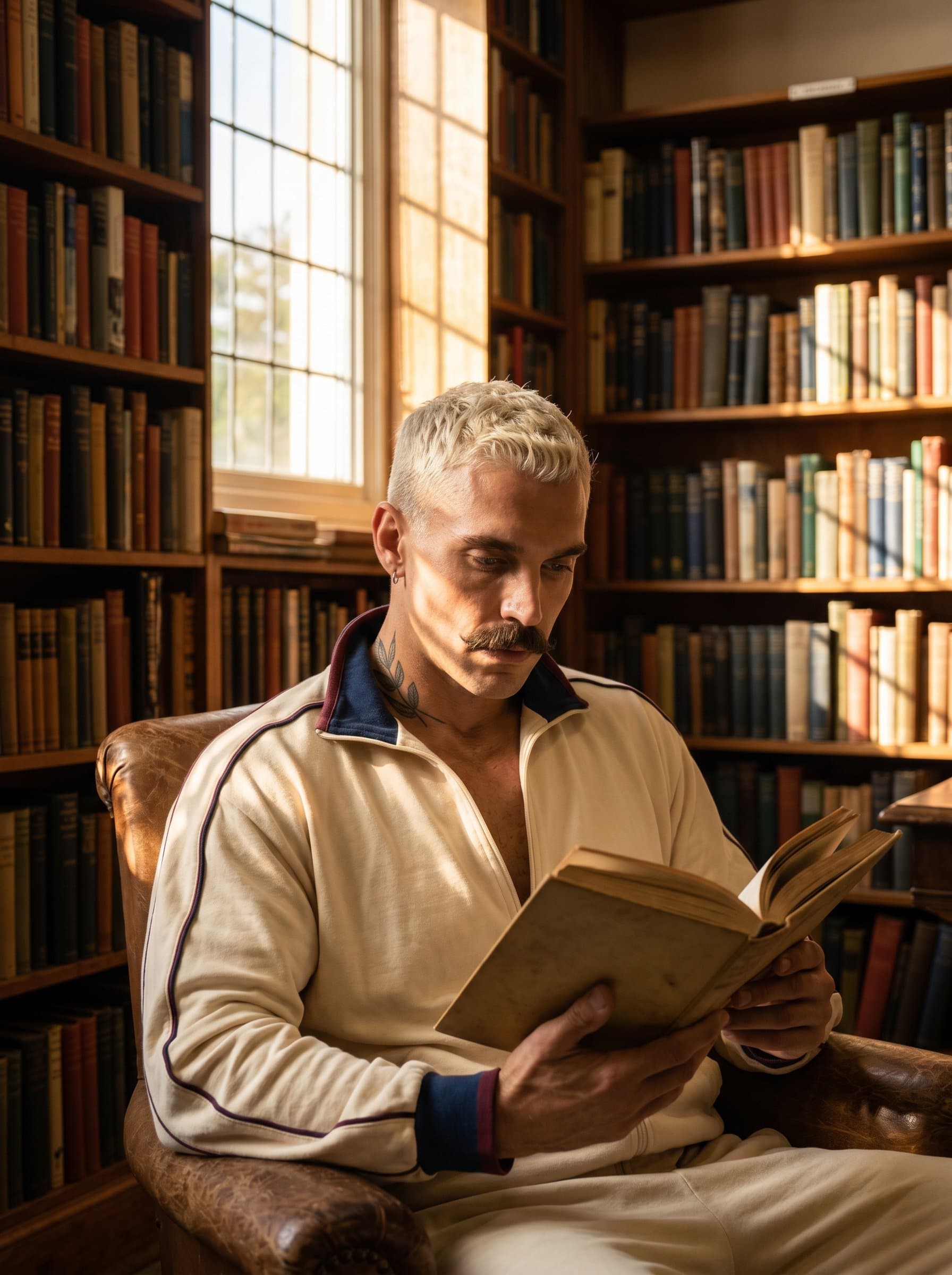 in a serene, shadow-dappled library. The man, surrounded by towering bookshelves, is immersed in reading, conveying an intellectual and contemplative air, with warm light accentuating their focused expression.