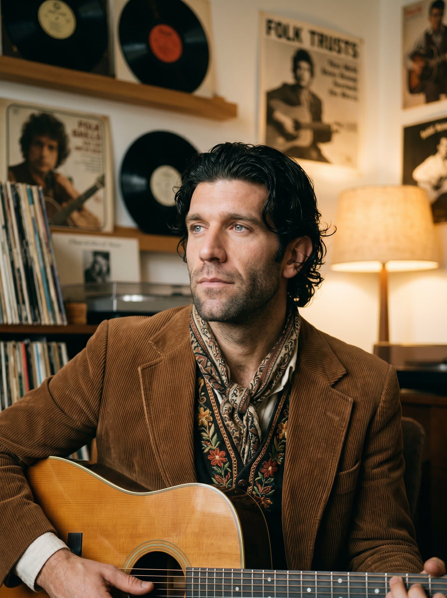 : Ambient lighting highlights a musician in vintage attire, surrounded by classic vinyl records and an acoustic guitar, capturing the soulful essence of folk music with a serene and reflective expression.
