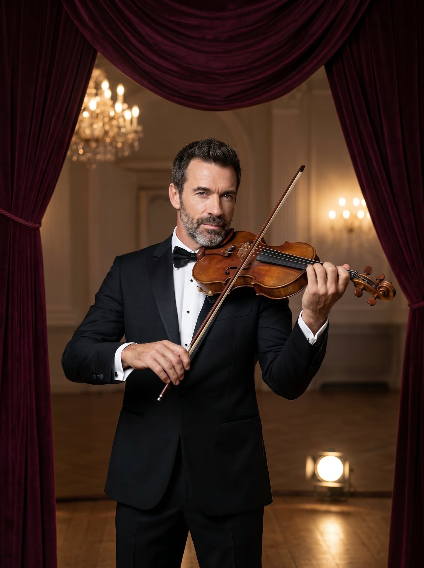 : A classical musician in formal wear stands gracefully with a violin, framed by flowing drapery and soft, romantic lighting, reflecting the elegance and timeless beauty of classical music.