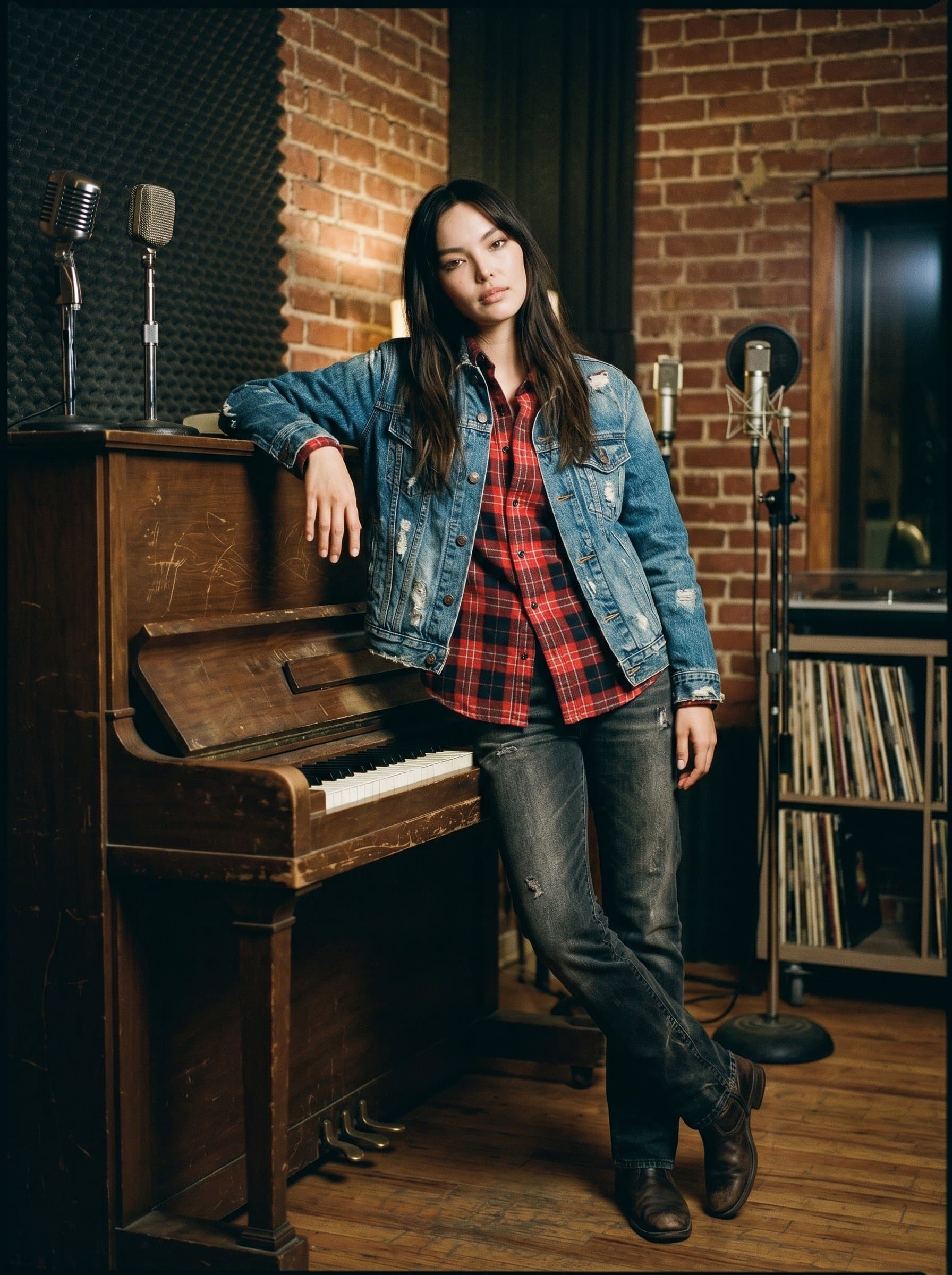 : A blues musician, casually leaning on an old piano, dressed in weathered denim and flannel, captures the depth and authenticity of the blues in a warm, vintage-styled studio setting.