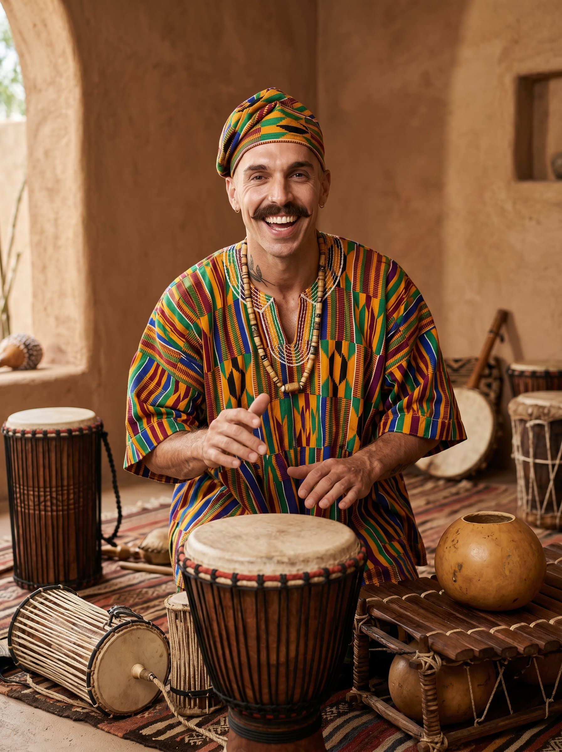 : Surrounded by tribal percussion instruments, a world music artist in vibrant ethnic attire shows cultural pride through engaging body language and an inviting smile, set against an earthy-toned backdrop.