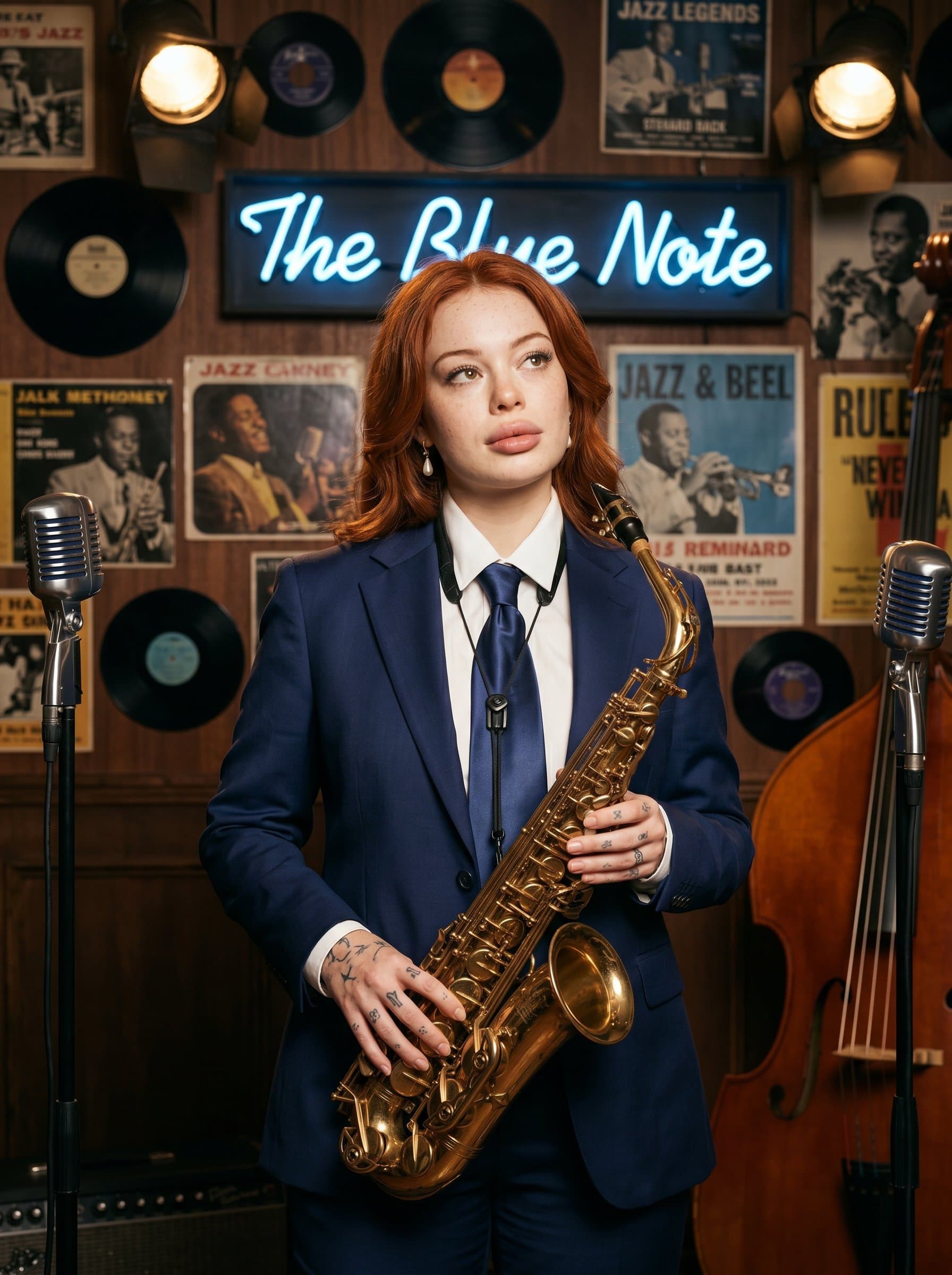 : In a studio filled with jazz memorabilia, a musician elegantly dressed in a tailored suit, holding a saxophone, conveys the sophistication of jazz through a poised stance and thoughtful gaze.