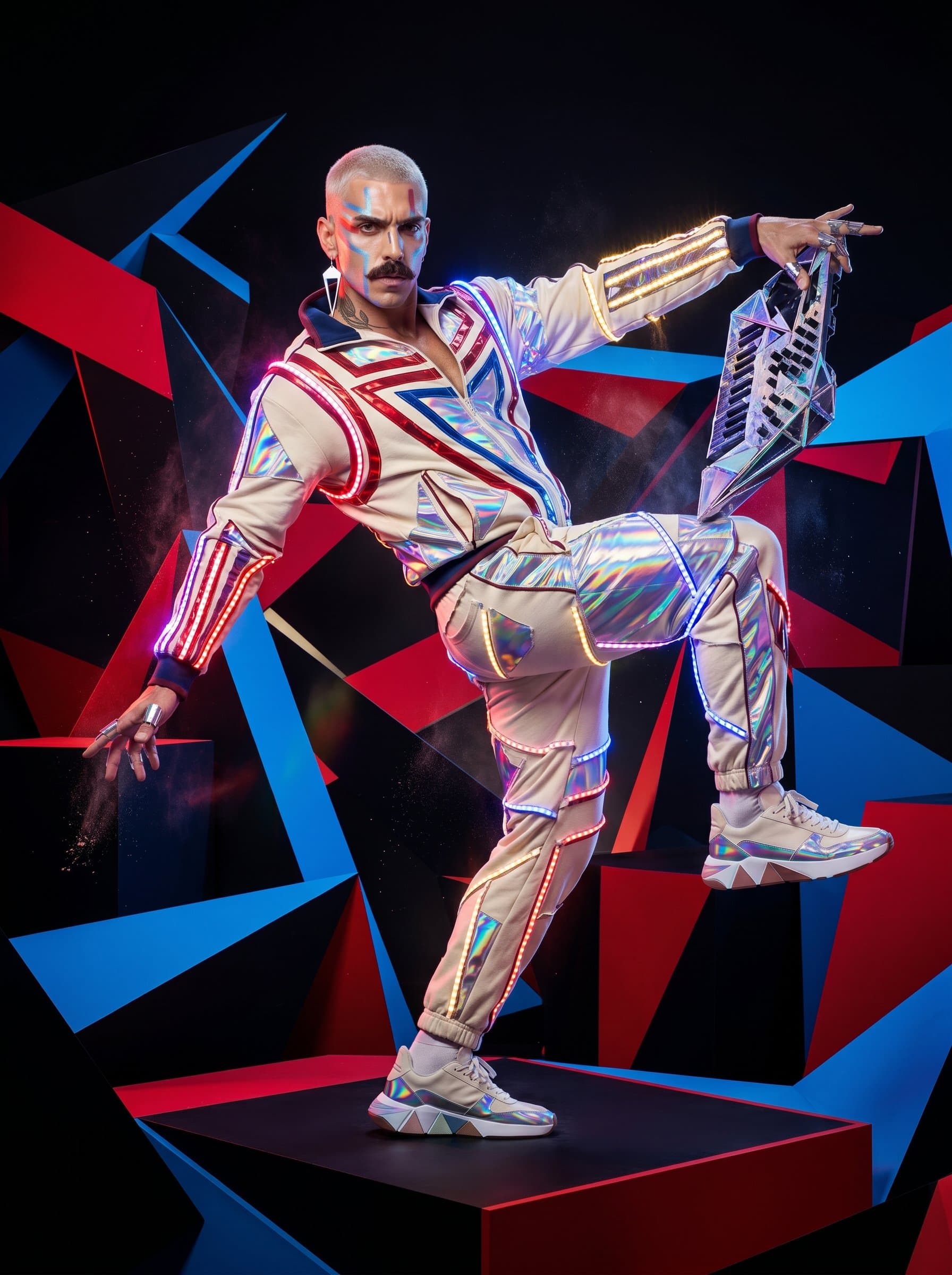 : An avant-garde musician in futuristic attire stands amid geometric shapes and contrasting colors, reflecting the innovative and boundary-pushing spirit of experimental music through a bold, imaginative pose.