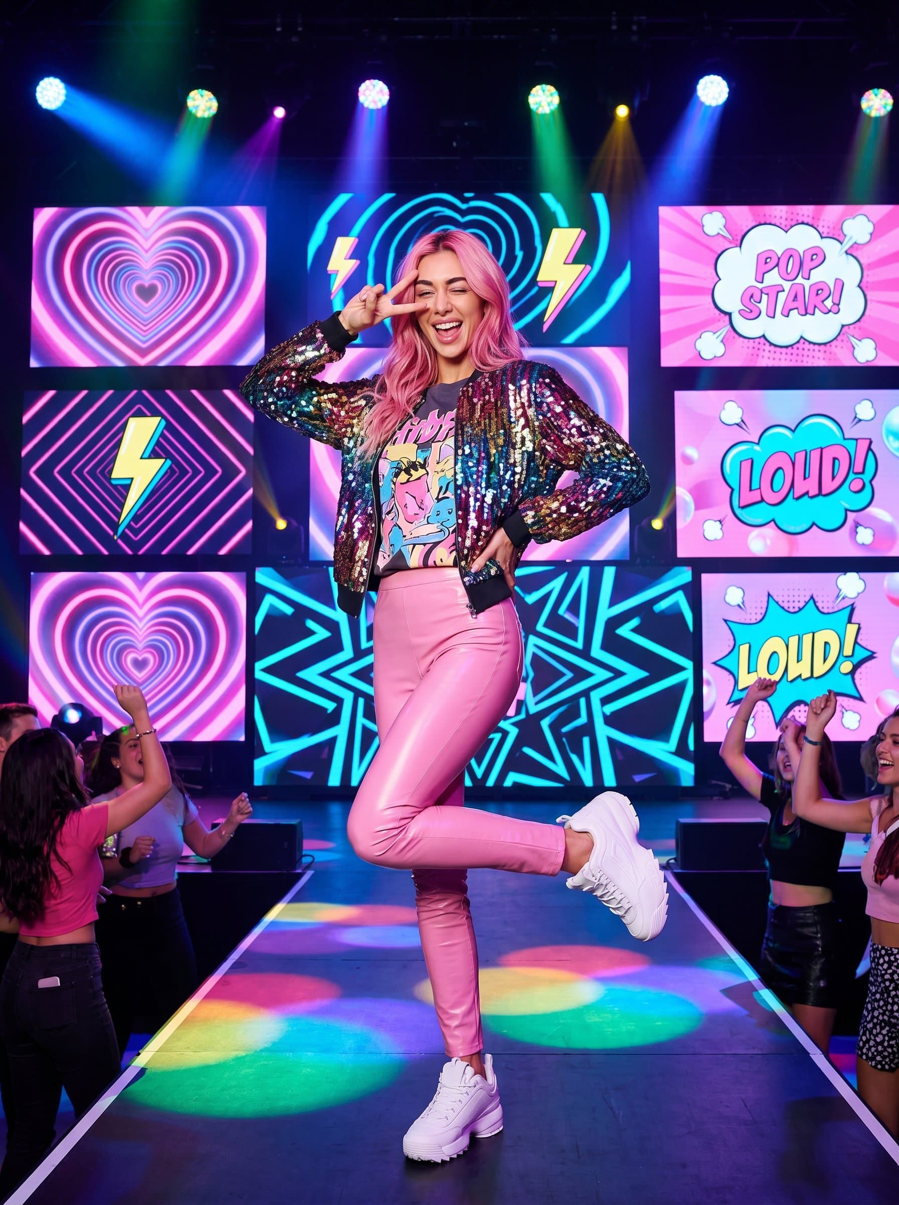 : A pop artist in a colorful, trendy outfit strikes a playful pose, backed by a wall of digital screens displaying animated graphics, embodying the lively and upbeat nature of pop music.