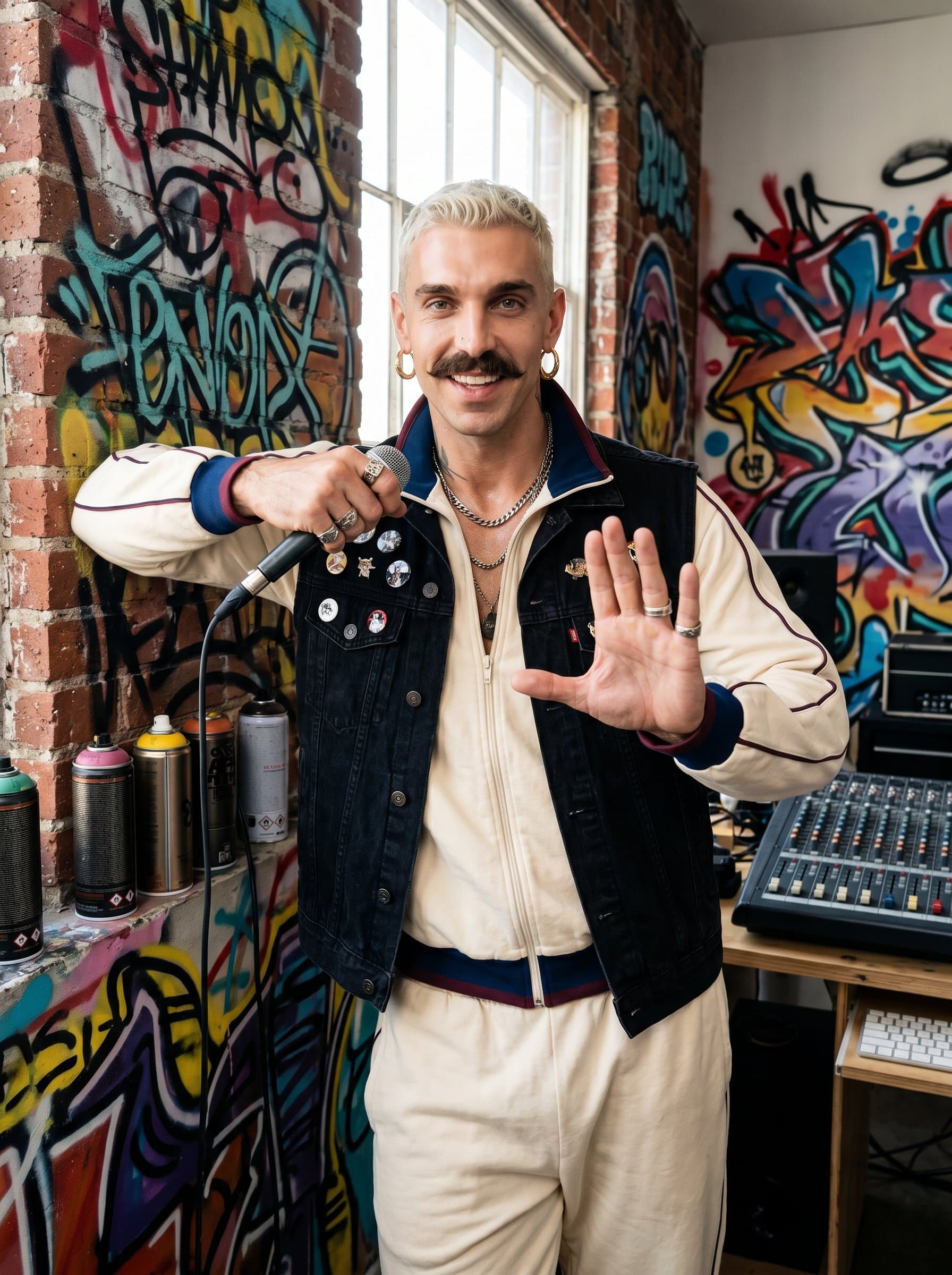 : A hip-hop artist in casual streetwear strikes a charismatic pose, with graffiti-inspired artwork in the background, showcasing the raw and energetic spirit of hip-hop culture in the studio setting.