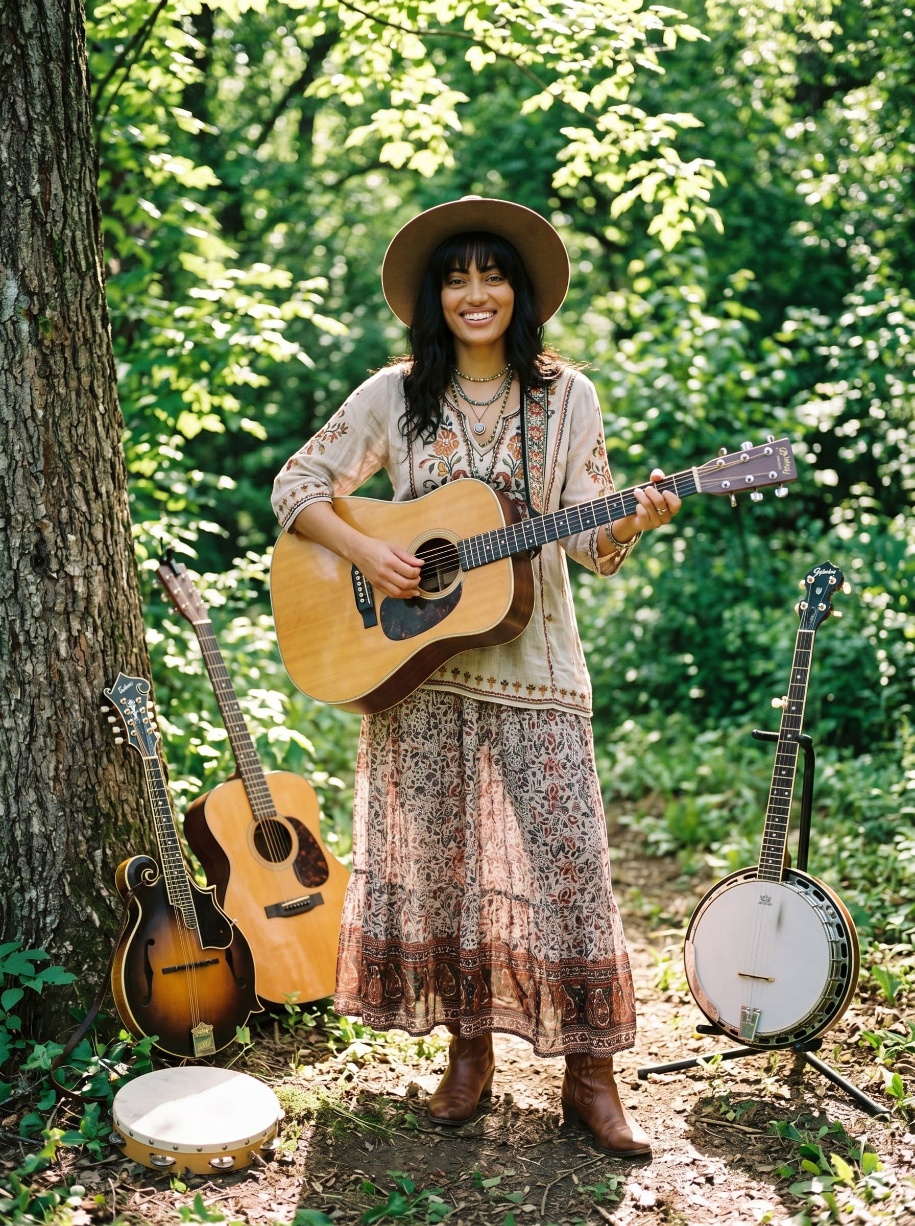 : A musician donning a bohemian outfit stands amidst lush green foliage and acoustic instruments, channeling the natural, earthy vibe of indie folk music through an authentic and relaxed demeanor.