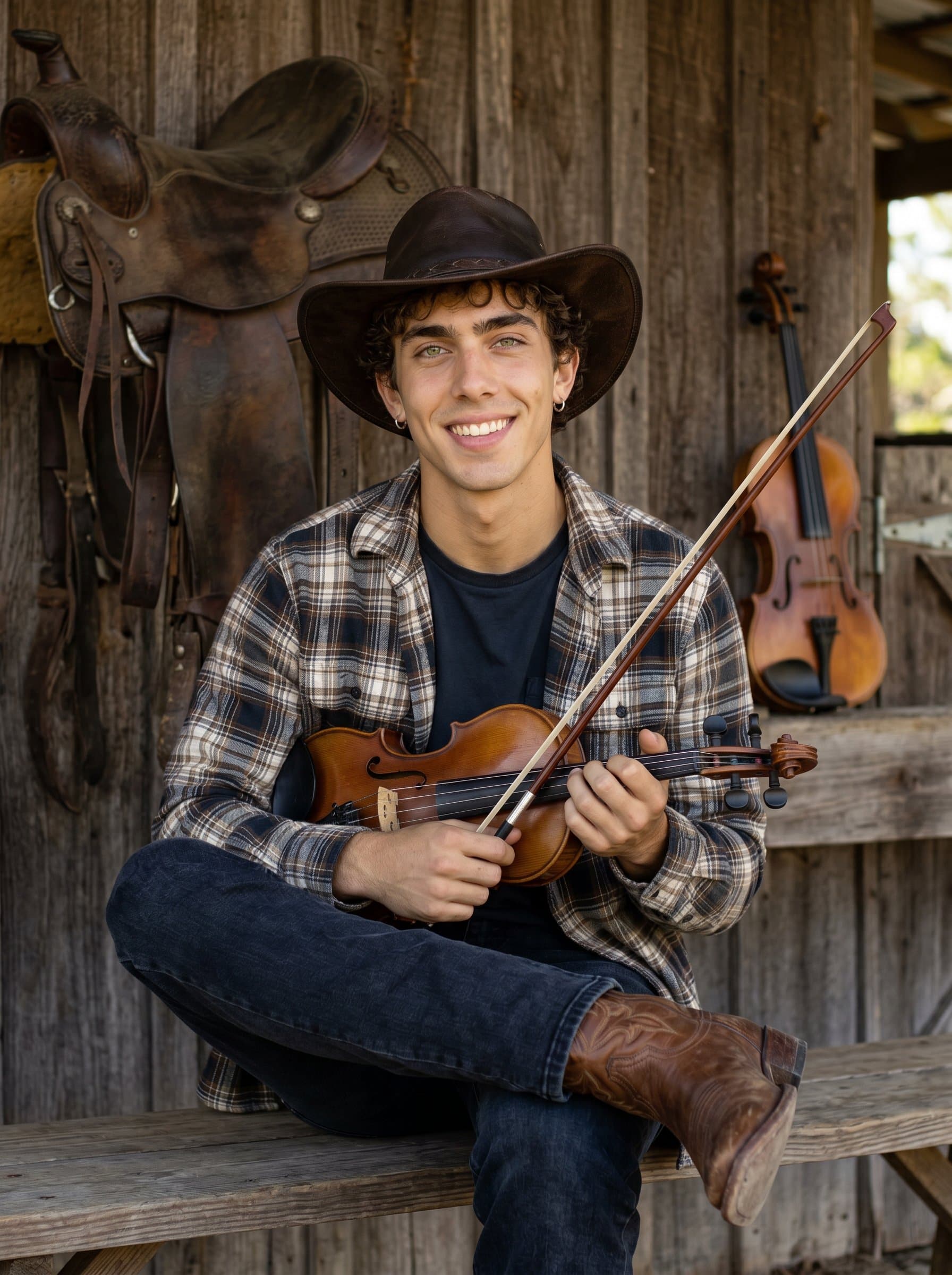 : A country musician, in a cowboy hat and boots, is framed by rustic wooden textures and a fiddle, conveying the heartfelt and grounded essence of country music through a genuine, welcoming expression.