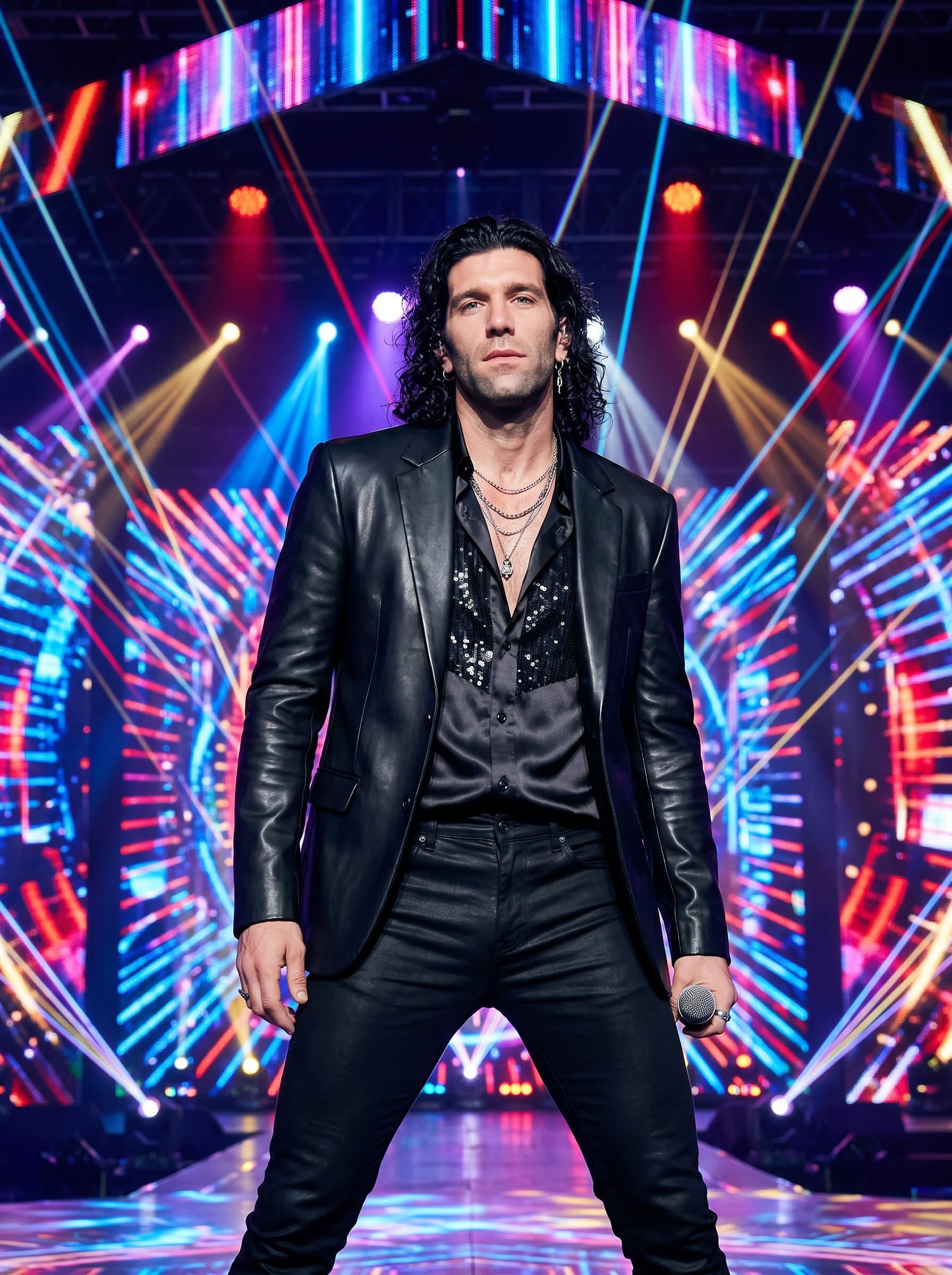 : A K-pop artist in a sleek, stylish outfit poses confidently in front of a backdrop of vibrant, colorful lights, embodying the polished and dynamic essence of K-pop music.