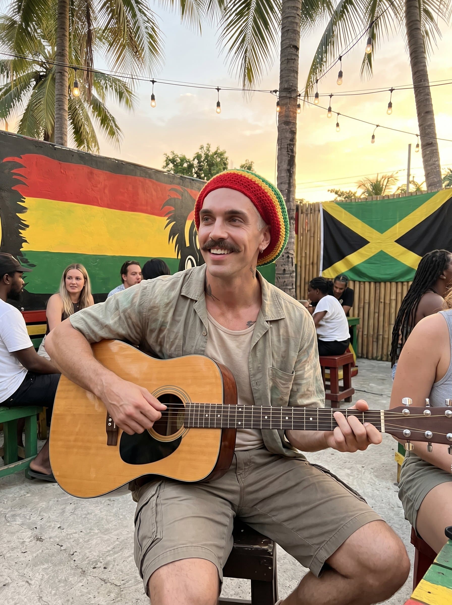 : A reggae artist in a relaxed pose, wearing a colorful beanie and casual wear, is set against a backdrop of palm trees and Rastafarian colors, exuding the laid-back vibes of reggae music.