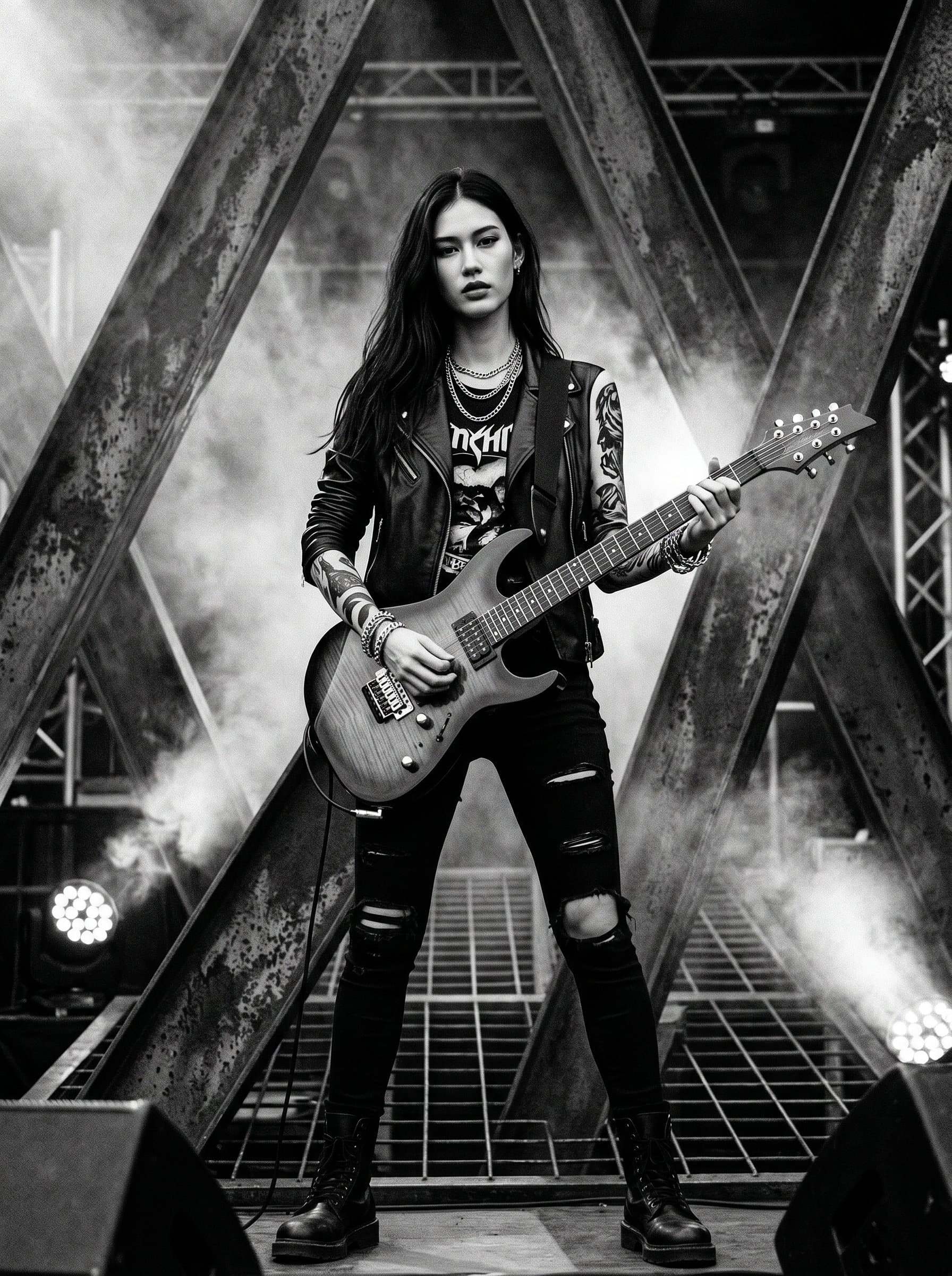 : A metal musician in dark attire, with bold tattoos and a commanding presence, stands amidst jagged, metallic structures, reflecting the intense and powerful spirit of heavy metal music.