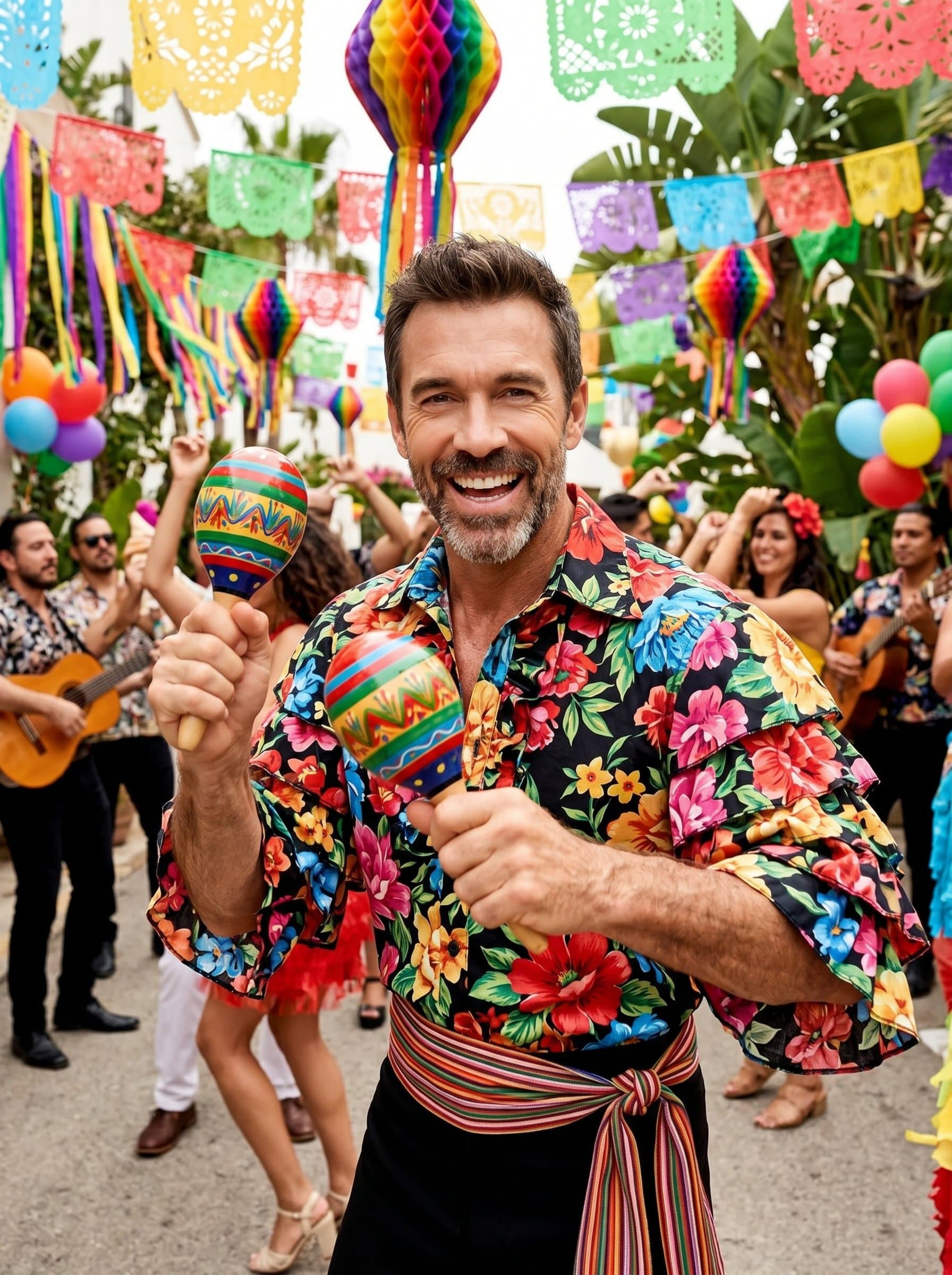 : A Latin musician in festive, colorful attire, holding maracas and smiling broadly, is surrounded by vibrant decorations, embodying the lively rhythms and joyful spirit of Latin music.