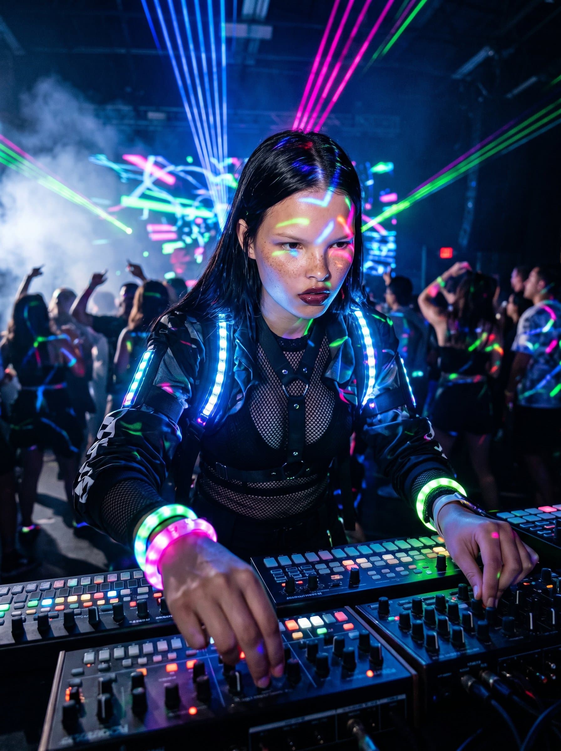 : A techno musician in futuristic apparel is immersed in a world of digital projections and neon lights, conveying the pulsating, immersive experience of techno music through focused intensity.