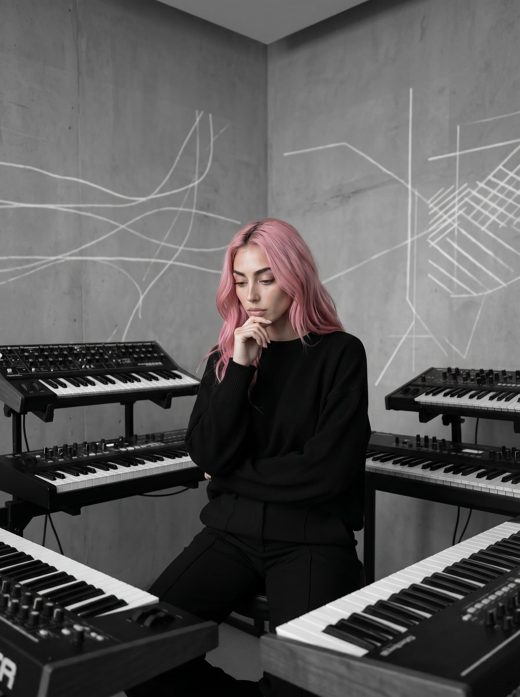 : In a minimalist studio, a minimalist electronic artist in monochromatic clothing appears deep in thought, surrounded by synthesizers and abstract lines symbolizing the introspective nature of their music.