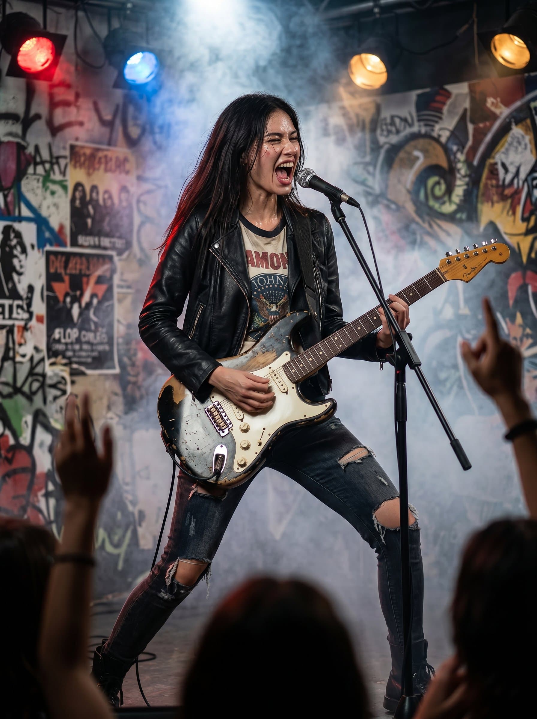 : A rock musician in leather and denim, wielding an electric guitar, exudes rebellious energy against a backdrop of abstract, grunge-inspired art, capturing the raw power of rock music.