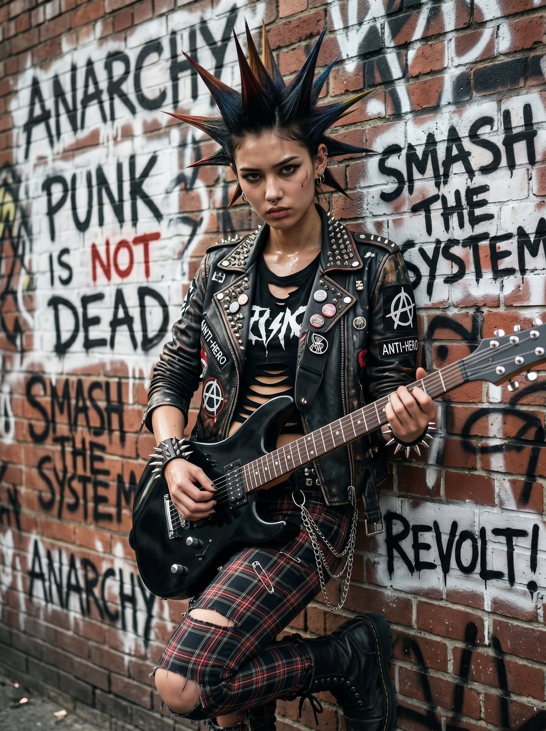 : A punk musician with a spiky hairstyle and edgy attire stands defiantly against a backdrop of spray-painted slogans, capturing the rebellious and anarchic energy of punk rock.