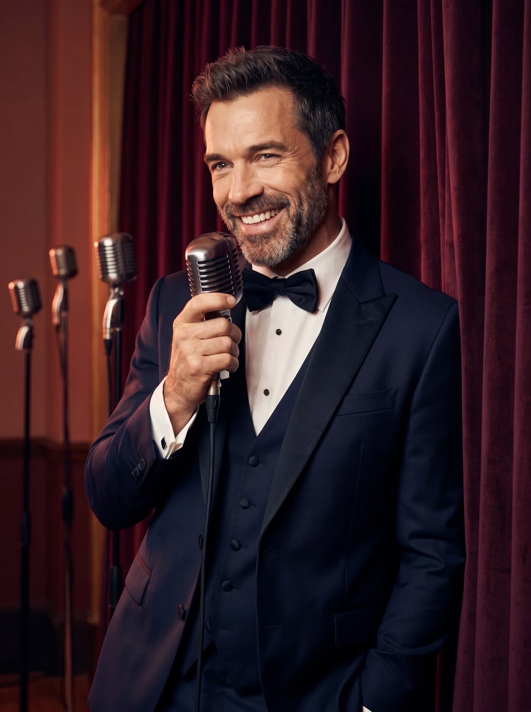 : A soul musician, dressed in classic attire, leans elegantly against a backdrop of vintage microphones and velvet curtains, expressing the rich, emotional depth of soul music with a captivating smile.