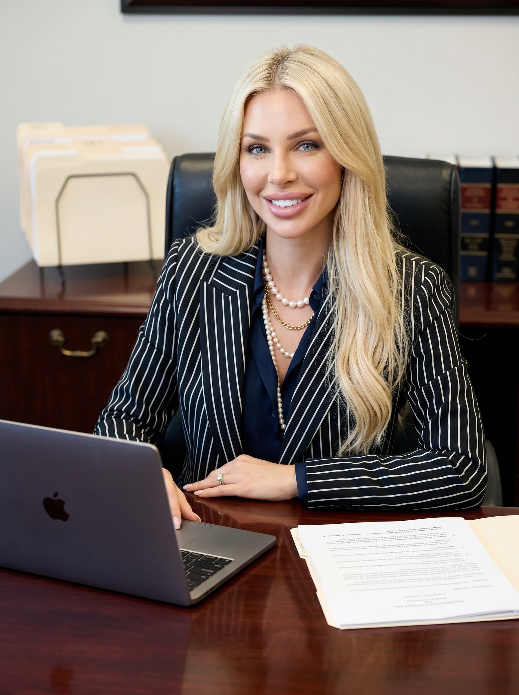 : Generate an AI headshot of an attorney in a pinstripe blazer, seated at a polished wooden desk with a laptop open, demonstrating focus and dedication, with a subtle hint of a welcoming demeanor.
